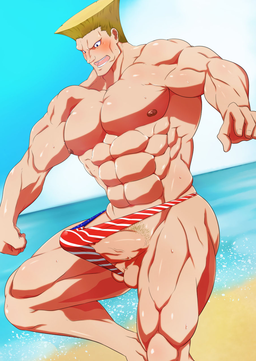 balls bara big_balls big_penis blonde_hair blush boner capcom erection gay guile karakuraax male male_only muscles muscular penis solo solo_male street_fighter sweaty thong