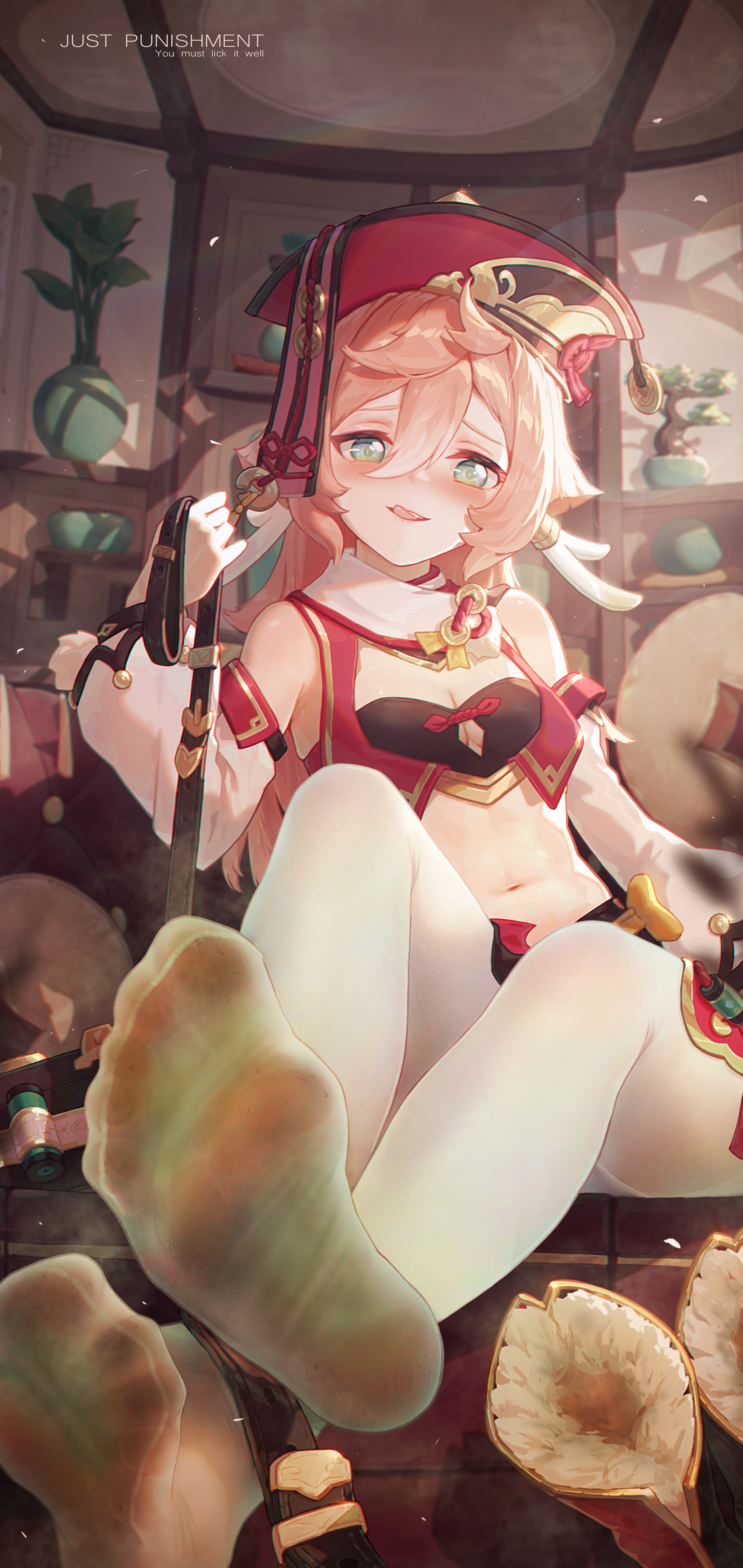 1girls, 2d (artwork), alternate version available, belly, belly button, blonde hair, blush, blushing, blushing at viewer, breasts, cleavage, clothed, digital media (artwork), feet, female, female only, femdom, foot fetish, foot focus, genshin impact, green eyes, high resolution, highres, icecake, leash pull, legwear, looking at viewer, looking down, pantyhose, small breasts, smelly feet, soles, solo, sticking out tongue, sweaty feet, tongue, tongue out, white legwear, yanfei (genshin impact)