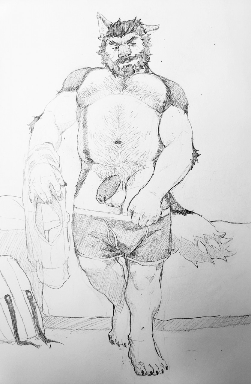 anthro balls beard body_hair canid canine canis clothing coyote erebonbon facial_hair foreskin genitals hi_res jakekarfield male mammal nipples penis slightly_chubby solo underwear undressing