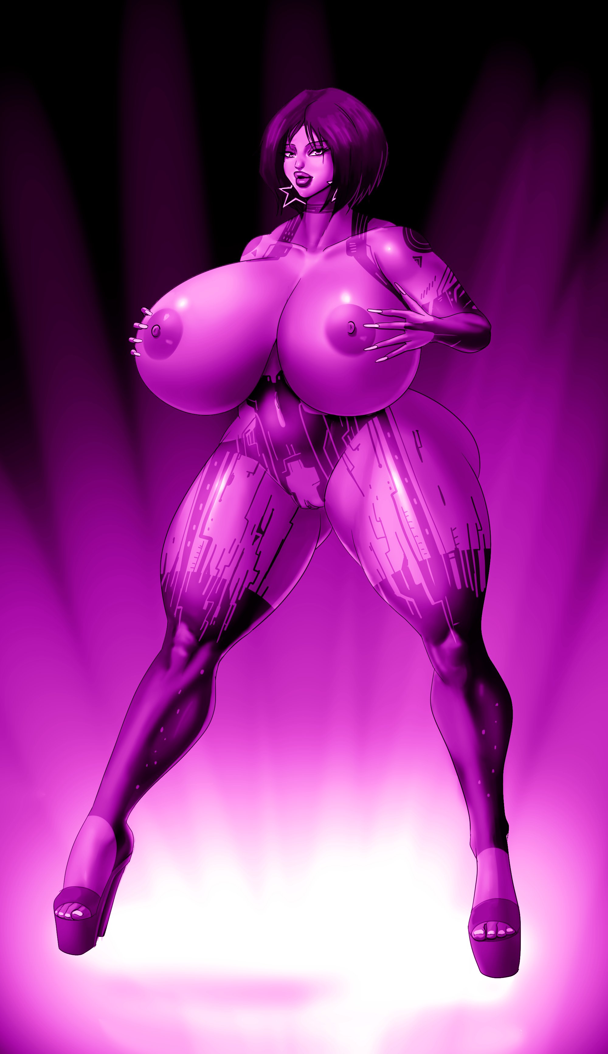 1girls, 2d, annon, artificial intelligence, ass, bimbo, breasts, cortana, female, female only, halo (series), high heels, huge ass, huge breasts, nipples, pink lipstick, pink skin, platform heels, purple hair, pussy, solo, thick lips, thick thighs, wide hips
