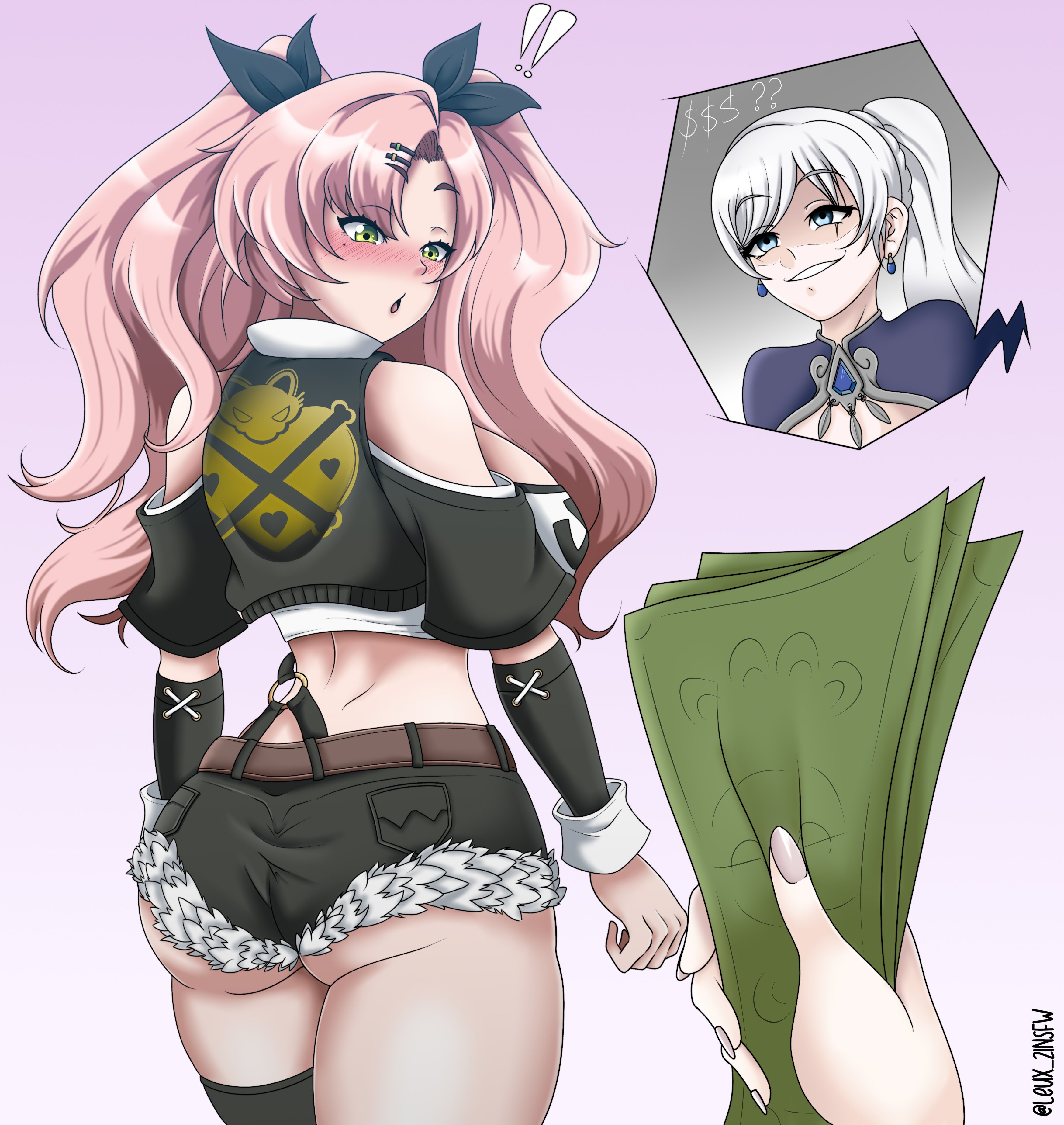 ass, big ass, booty shorts, crossover, female, fur-trimmed shorts, leux 21, looking back, money, nicole demara, rwby, tagme, weiss schnee, zenless zone zero