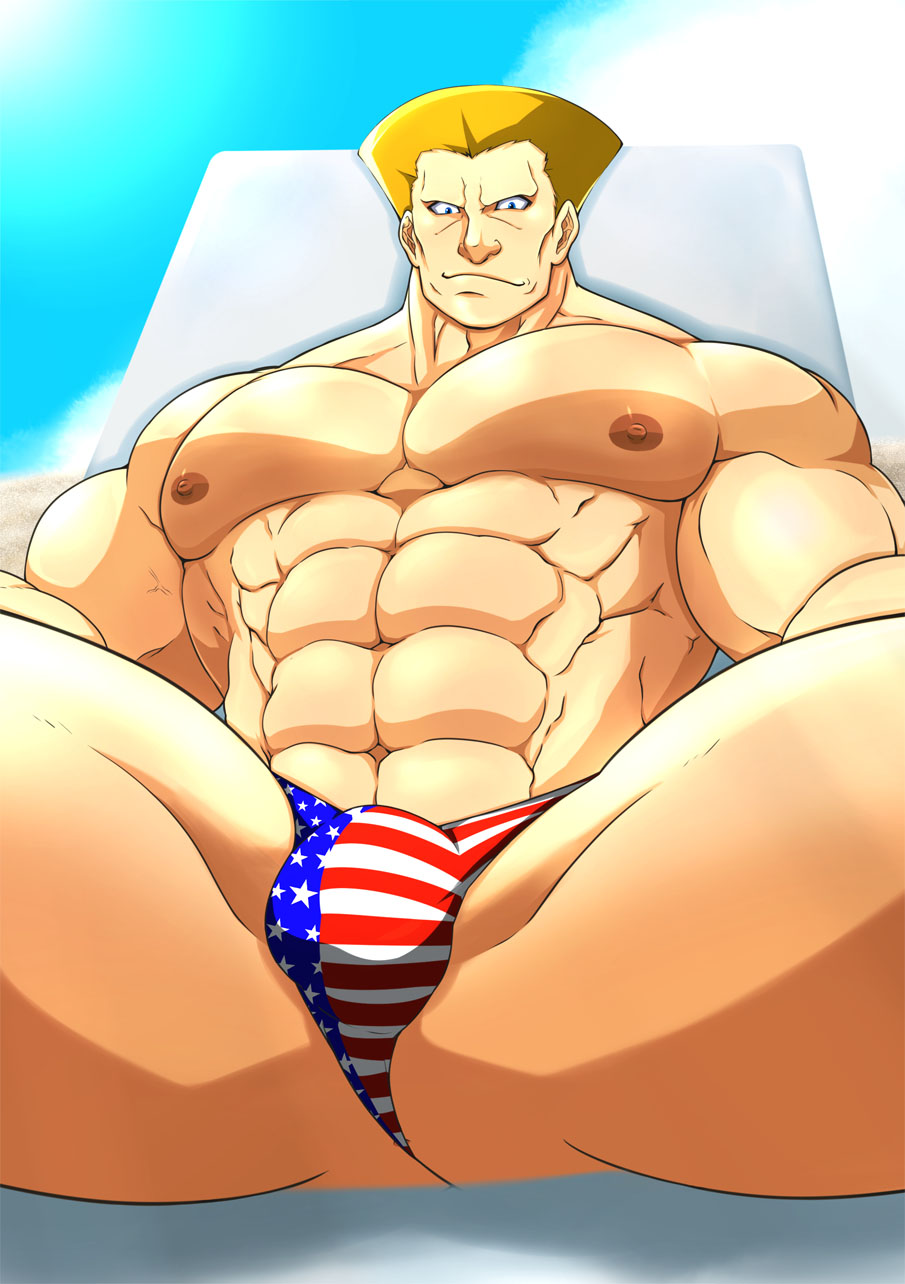 balls bara blonde_hair bulge capcom gay guile karakuraax male male_only muscles muscular penis solo solo_male spread_legs street_fighter thong