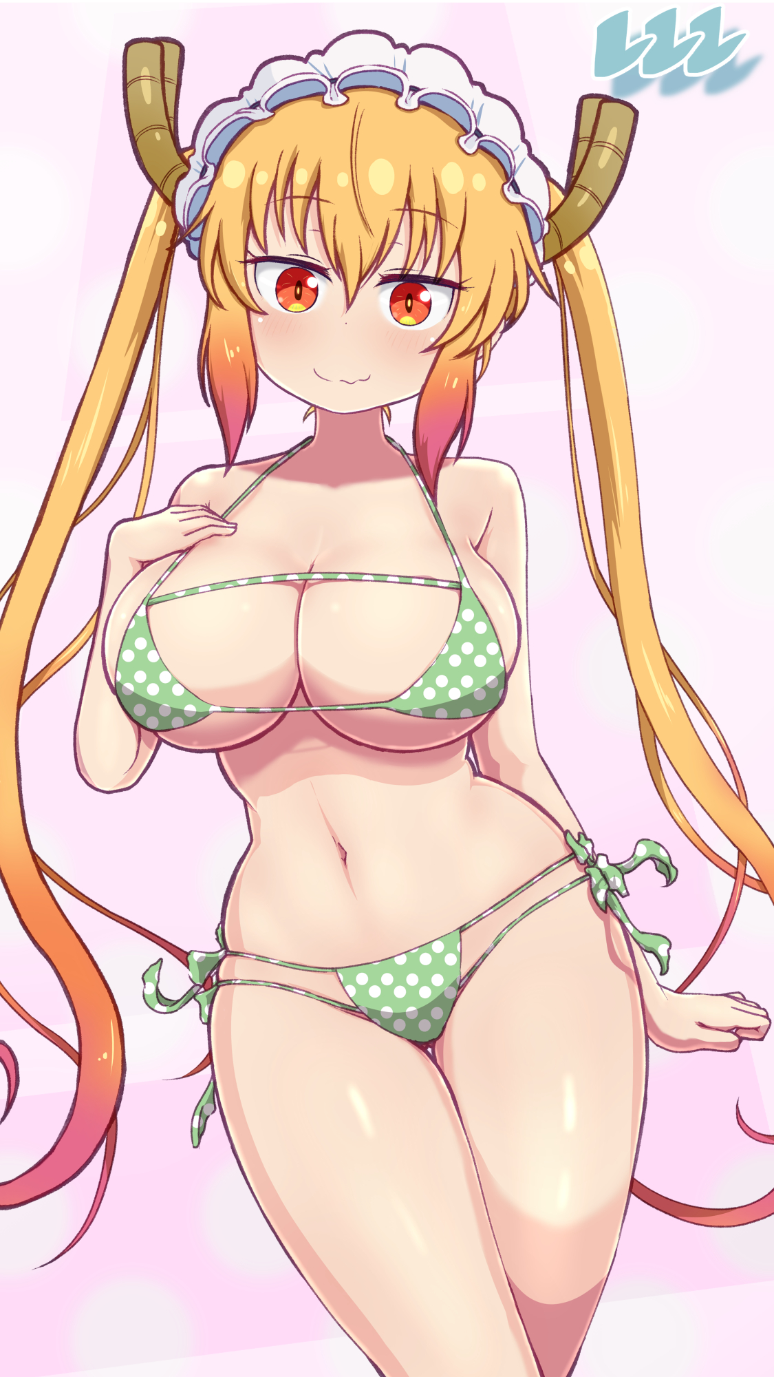 1girls, artist logo, big breasts, bikini, breasts, embarrassed, female, female only, hand on chest, horns, maid headdress, miss kobayashi's dragon maid, orange hair, ozrereresan, posing, solo, swimsuit, thick thighs, tohru (dragon maid)