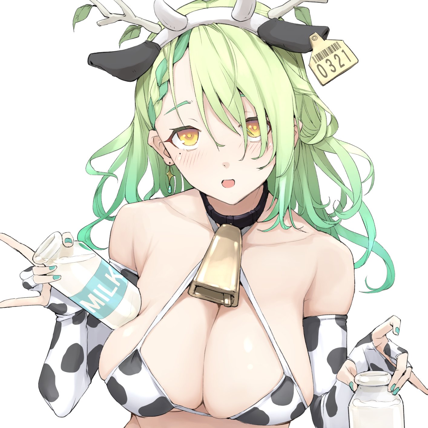 animal ears, animal print, armpit crease, bangs, bare shoulders, bell, bikini, bottle, bra, breasts, bridal gauntlets, ceres fauna, choker, cleavage, collarbone, cow ears, cow horns, cow print, cowbell, criss-cross halter, detached sleeves, earrings, english text, fake animal ears, fake horns, female, green hair, green nails, hair over one eye, halterneck, highres, hololive, hololive english, hololive english -council-, hololive english -promise-, horns, huge breasts, jewelry, long hair, looking at viewer, milk, milk bottle, mitsuru (pixiv 34028718), mixed-language commentary, mole, mole under eye, nail polish, open mouth, skindentation, solo, swept bangs, underwear, upper body, virtual youtuber, yellow eyes