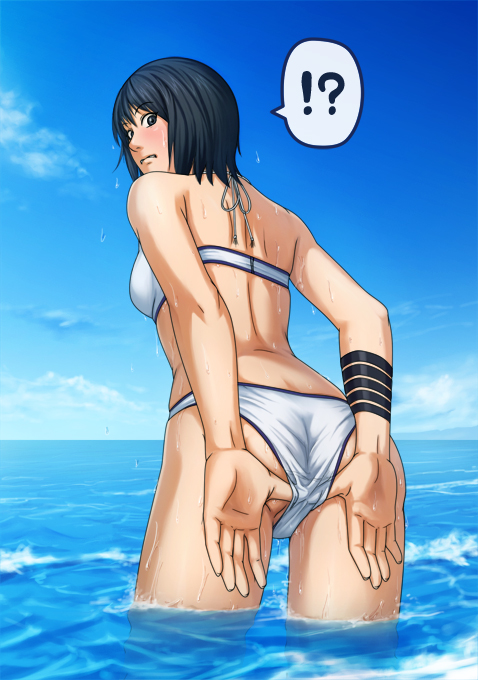 !?, 1girls, adjusting clothes, adjusting swimsuit, ass, back, bikini, black eyes, black hair, blush, breasts, cloud, embarrassed, female, female focus, from behind, leaning forward, looking back, naruto, naruto (series), naruto shippuden, ocean, outdoors, shizune, short hair, shy, sky, solo, standing, swimsuit, tk (tk's level4), wading, water, wet