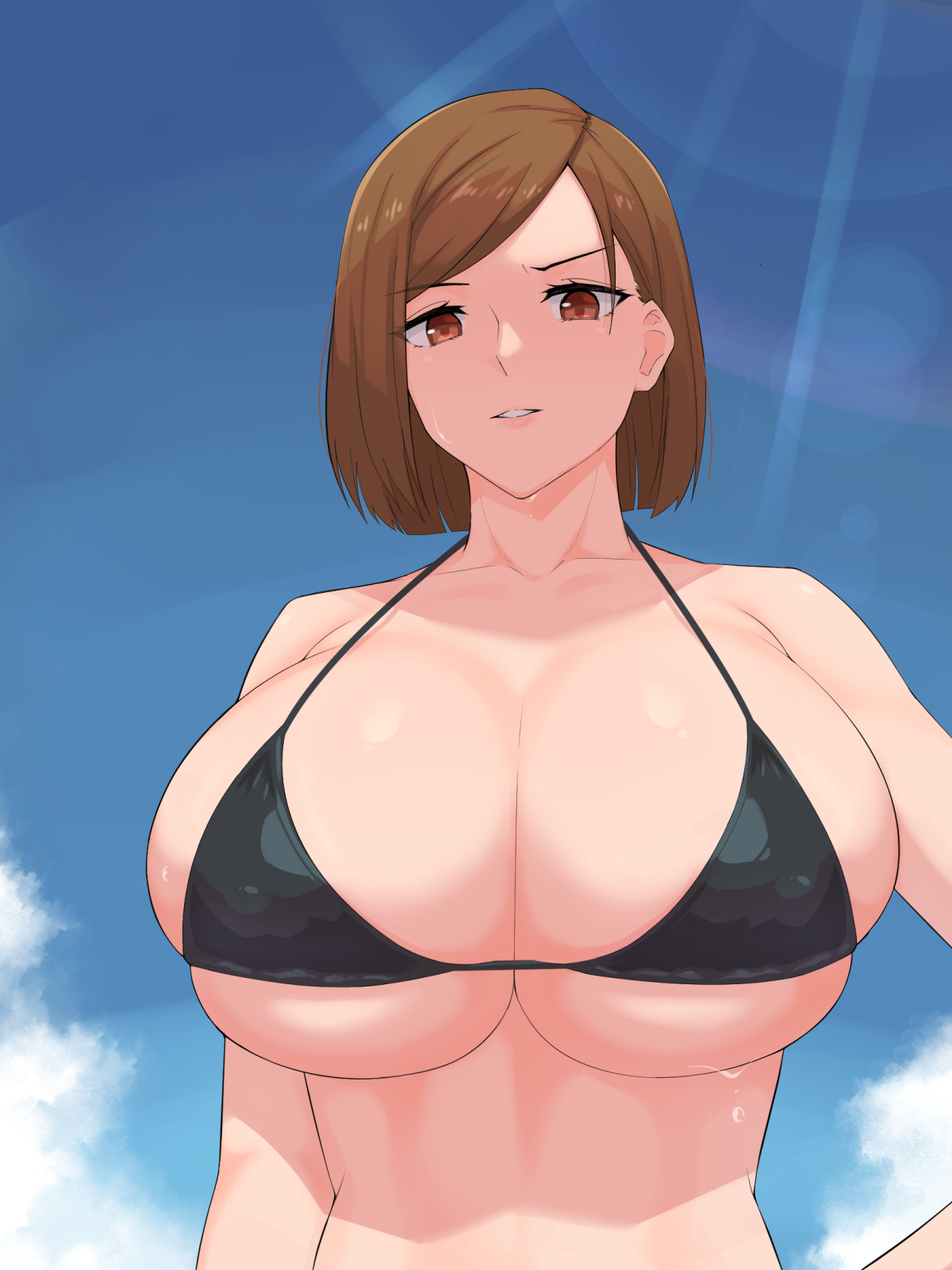 1girls, asian, asian female, bare shoulders, big breasts, bikini, bikini top, black bikini, bob cut, breasts, breasts bigger than head, brown hair, brown-haired female, cleavage, cleavage overflow, collarbone, eyebrows, female, female only, frown, huge breasts, jacket, jujutsu kaisen, kugisaki nobara, lancer24, leggings, light skin, light-skinned female, looking at viewer, looking down, midriff, nipples visible through clothing, orange eyes, orange hair, sky, solo, solo female, stripping, taking clothes off, voluptuous