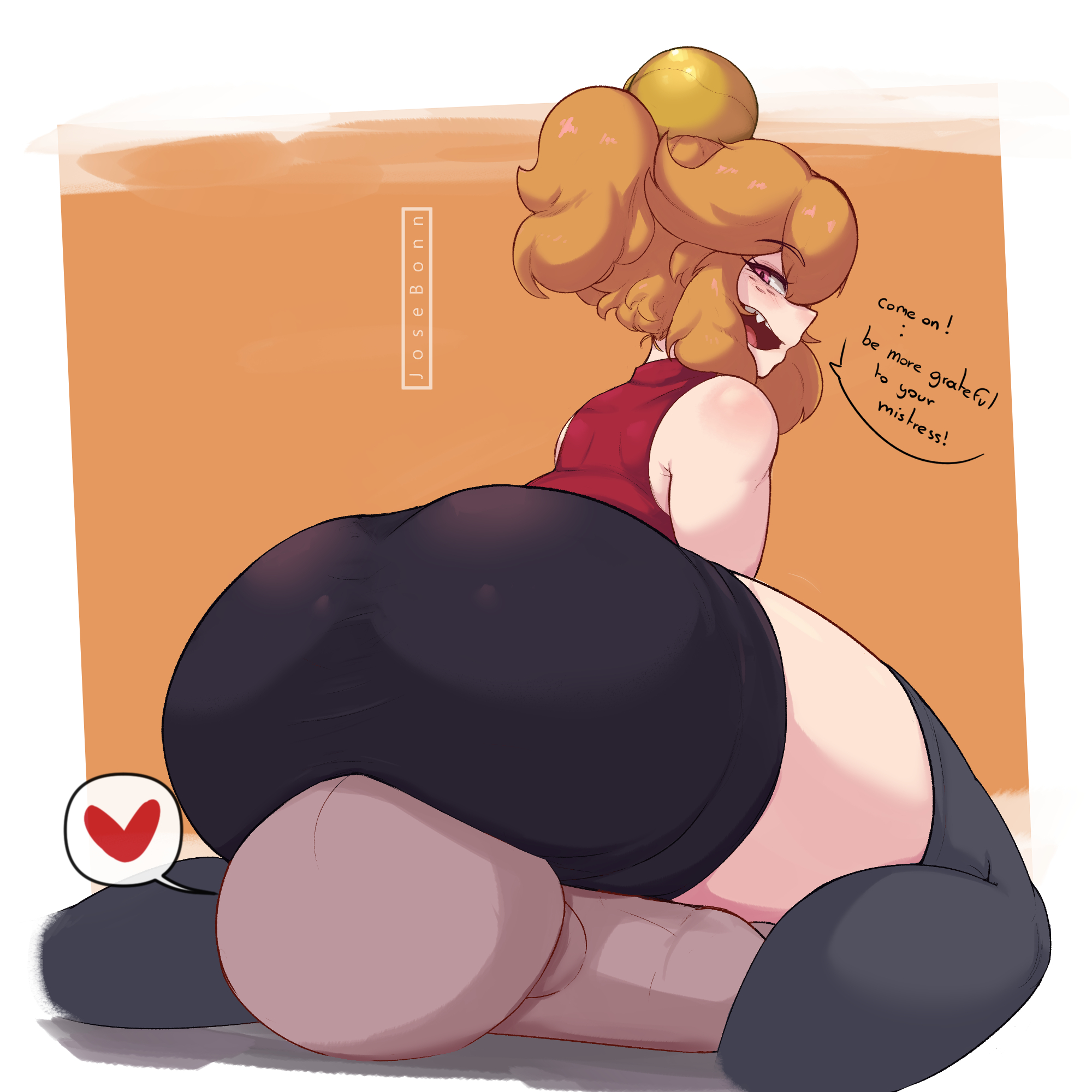 1boy, 1girls, ass, bald, big ass, big butt, black legwear, dark-skinned male, eyeless male, faceless male, facesitting, female, heart, huge ass, josebonn, looking at viewer, looking back, luna (josebonn), male, orange eyes, orange hair, original character, smile, smiling at viewer, thick ass, thick thighs