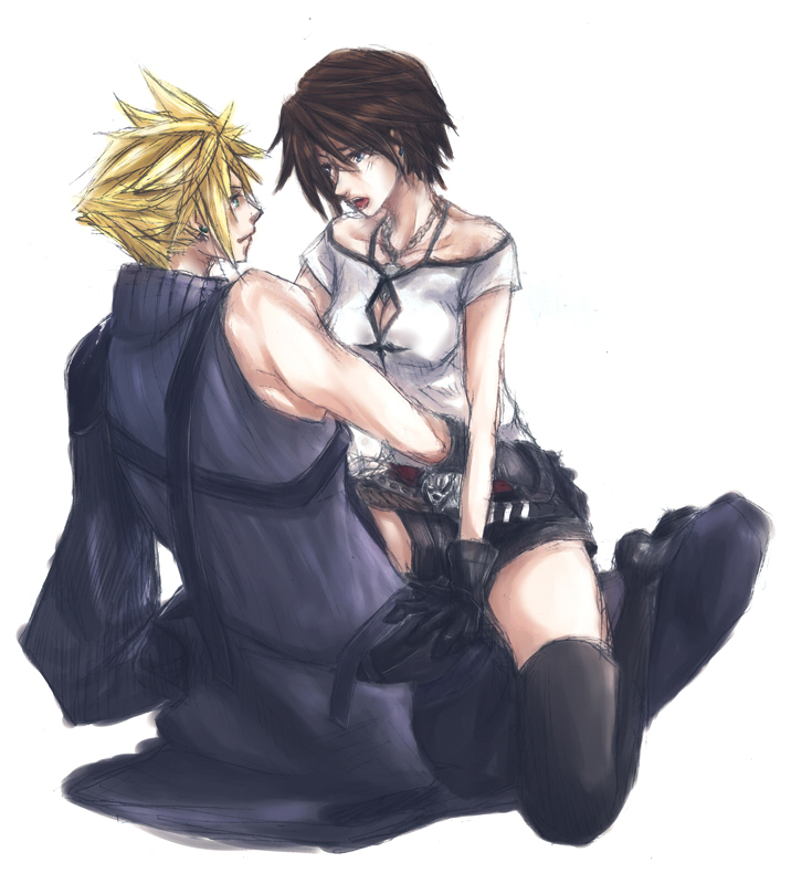 1boy 1girls blonde_hair clothed cloud_strife crossover dissidia dissidia_final_fantasy face_to_face female final_fantasy final_fantasy_vii final_fantasy_viii gloves hand_on_ass hand_on_hip male on_lap rule_63 short_hair_female shorts sitting sitting_on_lap sitting_on_person spiky_hair squall_leonhart stockings