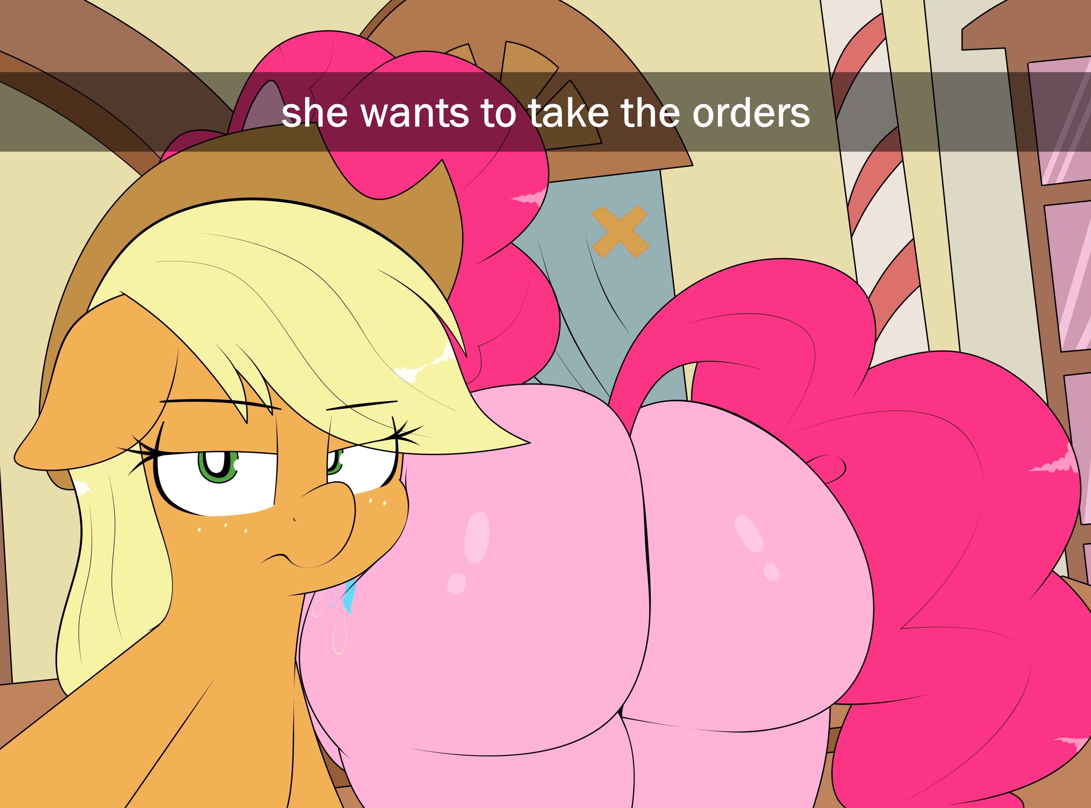 applejack (mlp), ass, bent over, big ass, blitzy flair, bubble ass, bubble butt, equine, female, he wants to order, meme, my little pony, phone view, pinkie pie (mlp), pony, smooth skin, unamused