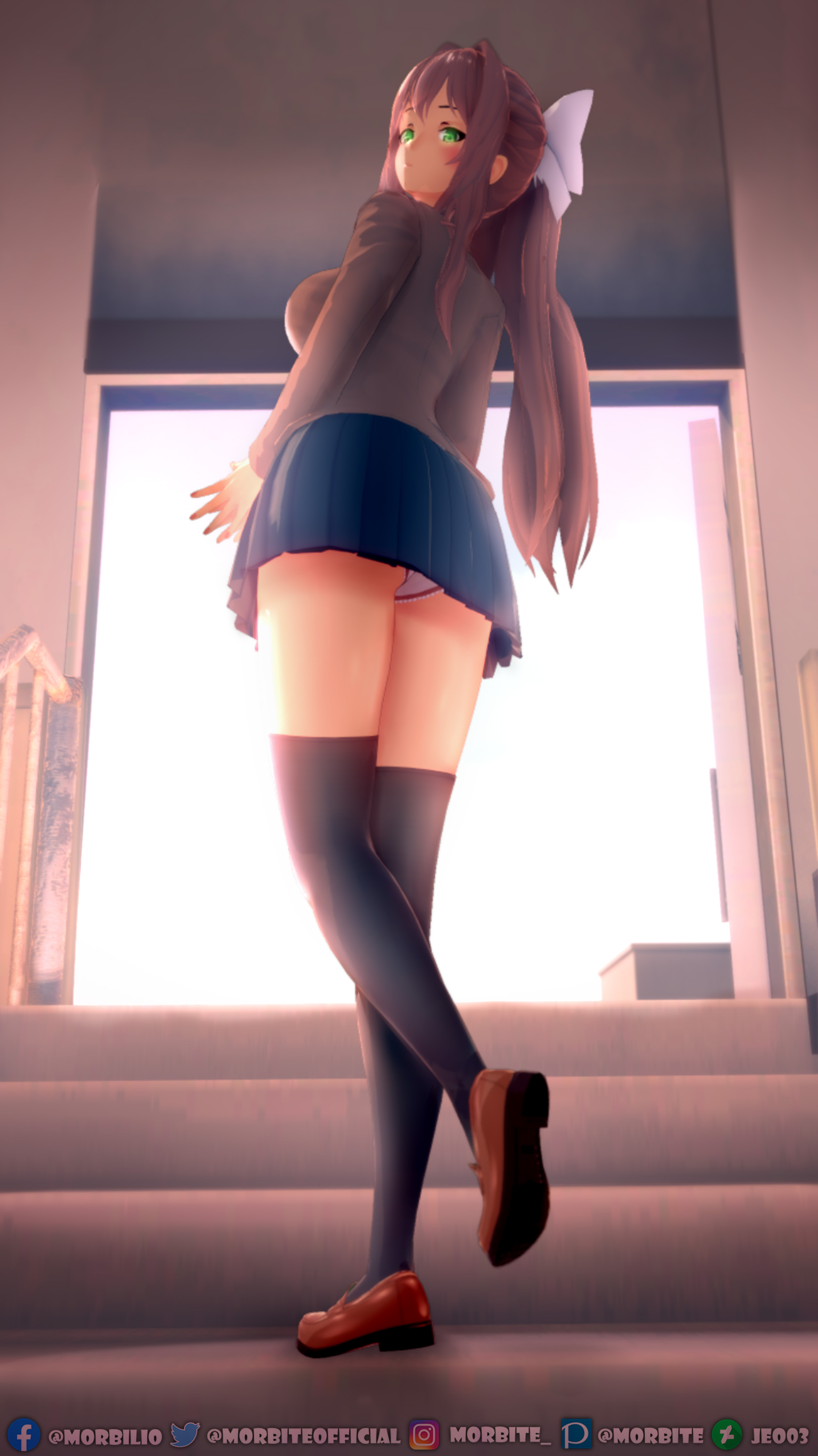 5 fingers, black thighhighs, blue skirt, breasts, brown shoes, deviantart username, doki doki literature club, facebook username, female, green eyes, instagram username, koikatsu, long hair, monika (doki doki literature club), morbite, panties, pantyshot, pantyshot (standing), pink panties, pixiv username, school uniform, shoes, skirt, stairs, thighhighs, twitter username, upskirt, username