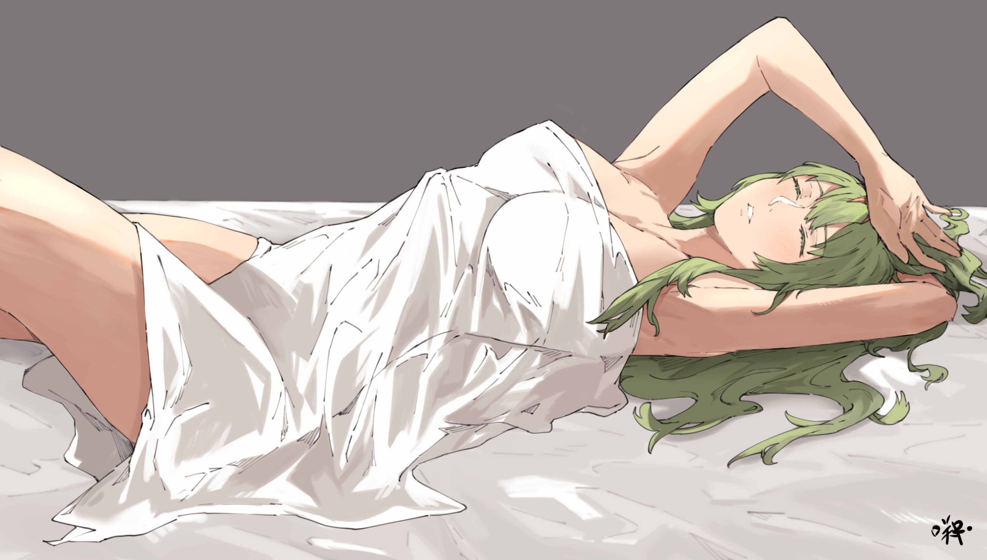 1girls, absurdres, bangs, bed sheet, breasts, closed eyes, commentary, covered nipples, english commentary, female, female only, fire emblem, fire emblem awakening, green hair, hair between eyes, highres, indoors, large breasts, long hair, lying, naked sheet, nintendo, nude, nude female, on bed, sakuremi, signature, sleeping, solo, tiki (fire emblem), tiki (fire emblem) (adult), under covers