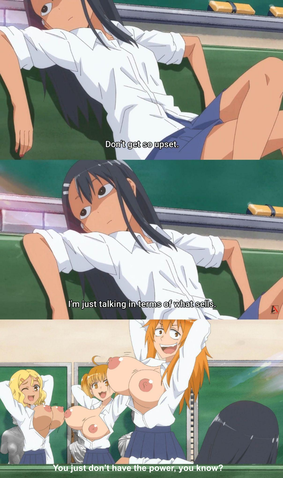 4girls accurate_art_style areolae big_breasts black_hair blonde_hair bouncing_breasts breast_envy breasts brown_eyes cleavage clothed clothing dialogue earrings edit english_text female female_only gamo-chan hayase_nagatoro inverted_nipples long_hair medium_hair multiple_girls nipples no_bra open_shirt orange_eyes orange_hair please_don't_bully_me,_nagatoro revealing_clothes sakura_(nagatoro) screencap screenshot screenshot_edit sitting small_breasts standing tan_body text thebrise watermark yoshi_(nagatoro)