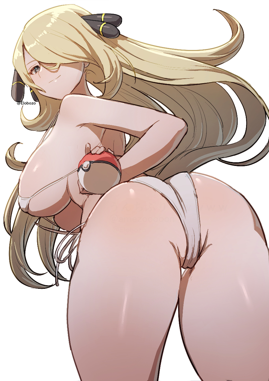 1girls, ass, ass focus, big ass, big breasts, bikini, blonde hair, breasts, curvaceous, curvy, cynthia (pokemon), female, from behind, game freak, hair over one eye, huge ass, looking at viewer, micro bikini, milf, nintendo, poke ball, pokemon, pokemon dppt, smile, thick thighs, thighs, white bikini