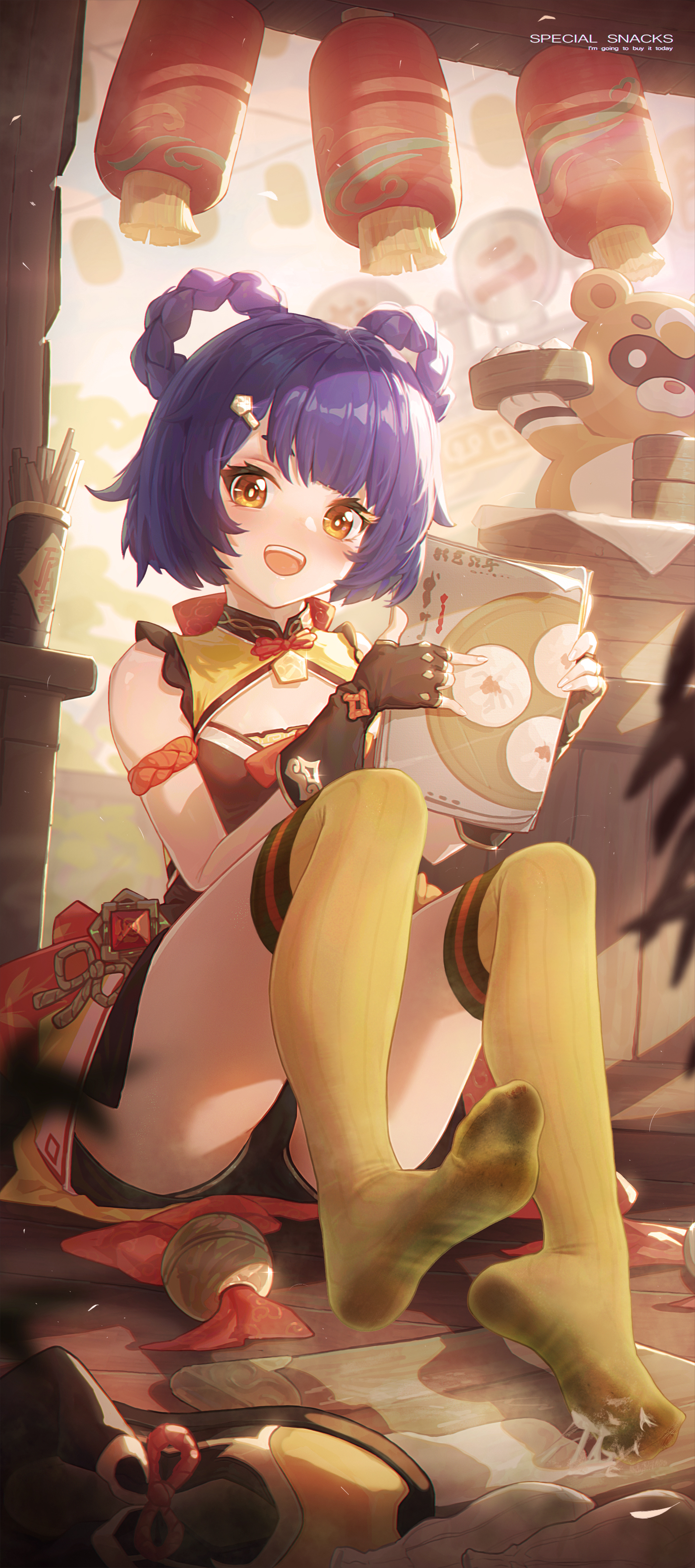 1girls, 2d (artwork), alternate version available, blue hair, blush, blushing at viewer, breasts, clothing, cum, cum on feet, detailed background, digital media (artwork), dirty feet, dirty socks, feet, female, female only, foot fetish, foot focus, genshin impact, high resolution, highres, icecake, kneehighs, looking at viewer, shoes removed, short hair, small breasts, smile, smiling at viewer, socks, solo, solo female, thighhighs, thighs, xiangling (genshin impact)
