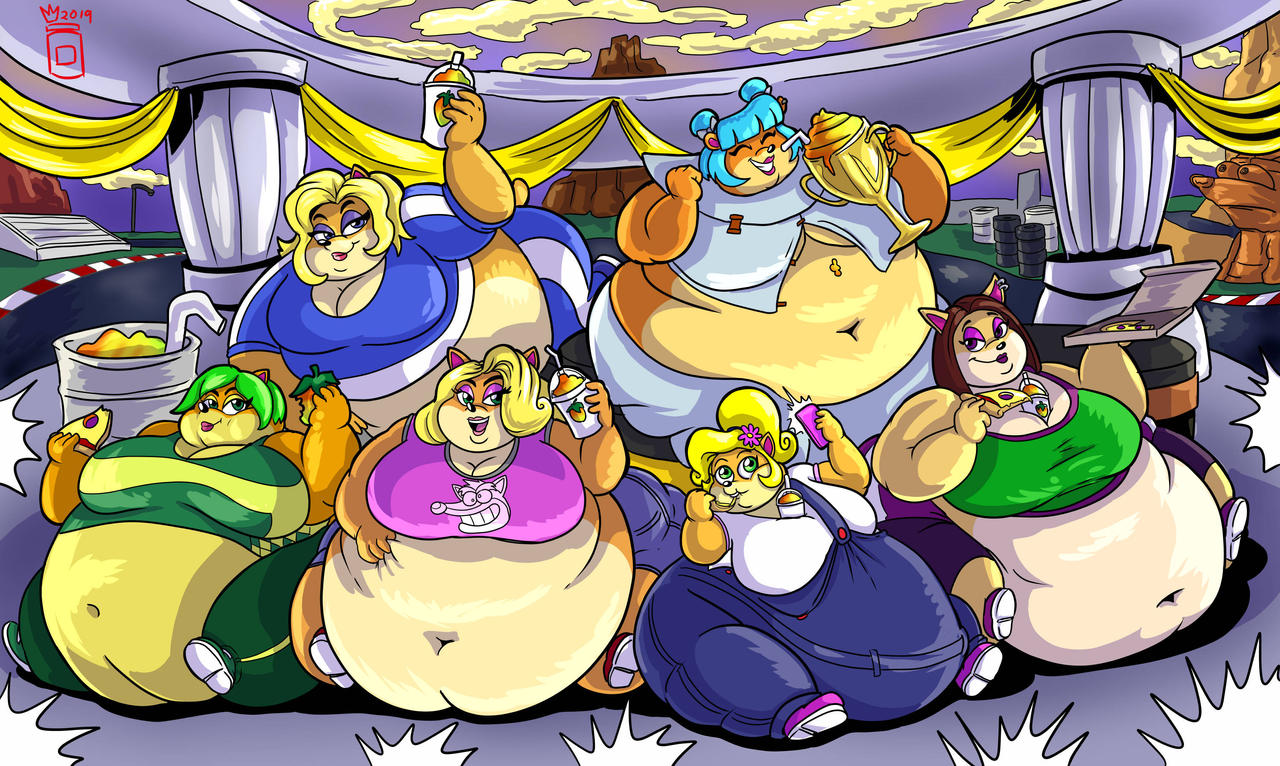 activision ami_bandicoot anthro bandicoot big_breasts breasts coco_bandicoot crash_(series) eating female female/female food fruit group isabella_bandicoot liz_bandicoot mammal marsupial megumi_bandicoot navel obese overweight pizza plant royaljellysandwich tawna_bandicoot video_games weight_gain what wumpa_fruit