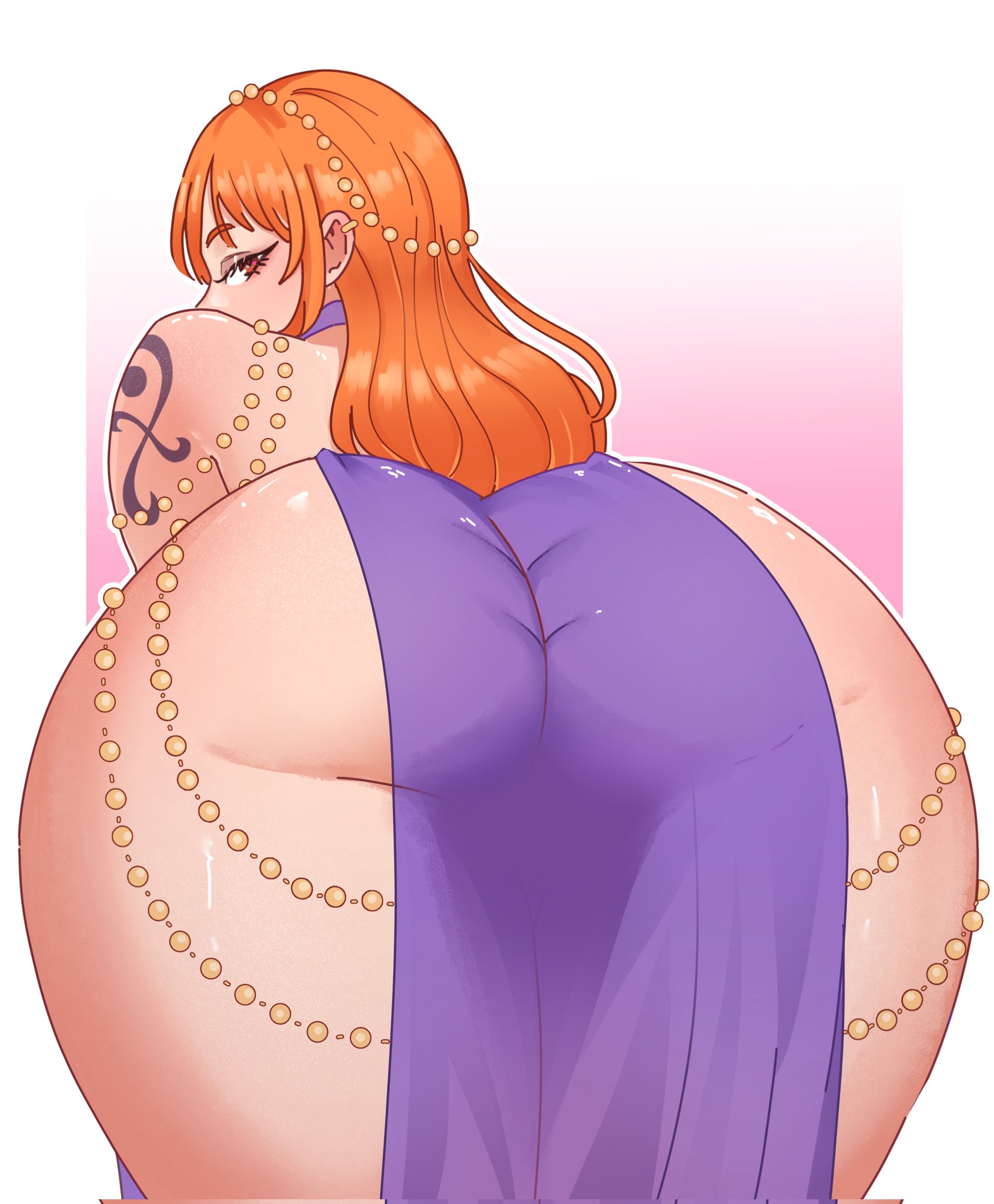 1girls, arm tattoo, arthydraws, ass, back view, big ass, big butt, blue tattoo, bottom heavy, bubble ass, bubble butt, fat ass, fat butt, female, female only, huge ass, huge butt, large ass, large butt, looking at viewer, looking back, nami (one piece), nami (one piece) (zou), one piece, one piece: zou arc, orange hair, orange-haired female, post-timeskip, purple dress, tattoo, thick ass, thick thighs, wide hips