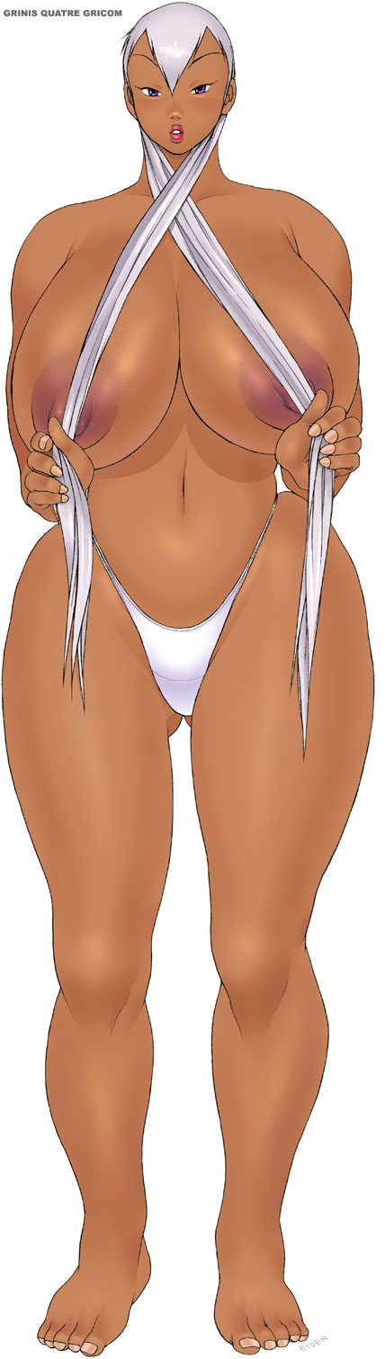 :o ass_visible_through_thighs bangs barefoot blue_eyes breasts censored convenient_censoring curvy dark-skinned_female dark_skin eiden feet female female_focus full_body gg_quatre grinis_quatre_gricom hair_censor hair_over_breasts highres holding holding_hair huge_breasts huge_nipples large_areolae lipstick long_hair long_image makeup naughty_face nipple_slip nipples open_mouth panties plump red_lips signature silver_hair simple_background solo standing tall_image thick_thighs thighs thong toes topless twintails underwear very_long_hair white_background white_panties