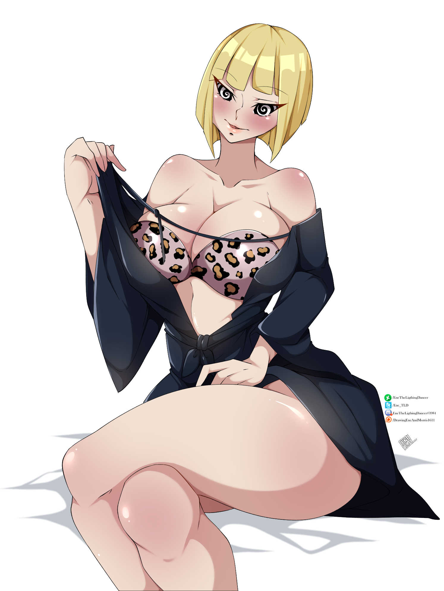 1girls bare_legs bare_shoulders bare_thighs big_breasts blunt_bangs blush bob_cut breasts busty cleavage crossed_legs enetheligthingdancer female female_only hypnosis hypnosis hypnotic_eyes leopard_print lingerie mature mature_female naruto naruto_(series) naruto_shippuden robe samui short_hair sitting smile solo solo_focus strapless strapless_bra taking_clothes_off thick_thighs underwear undressing unusual_pupils voluptuous