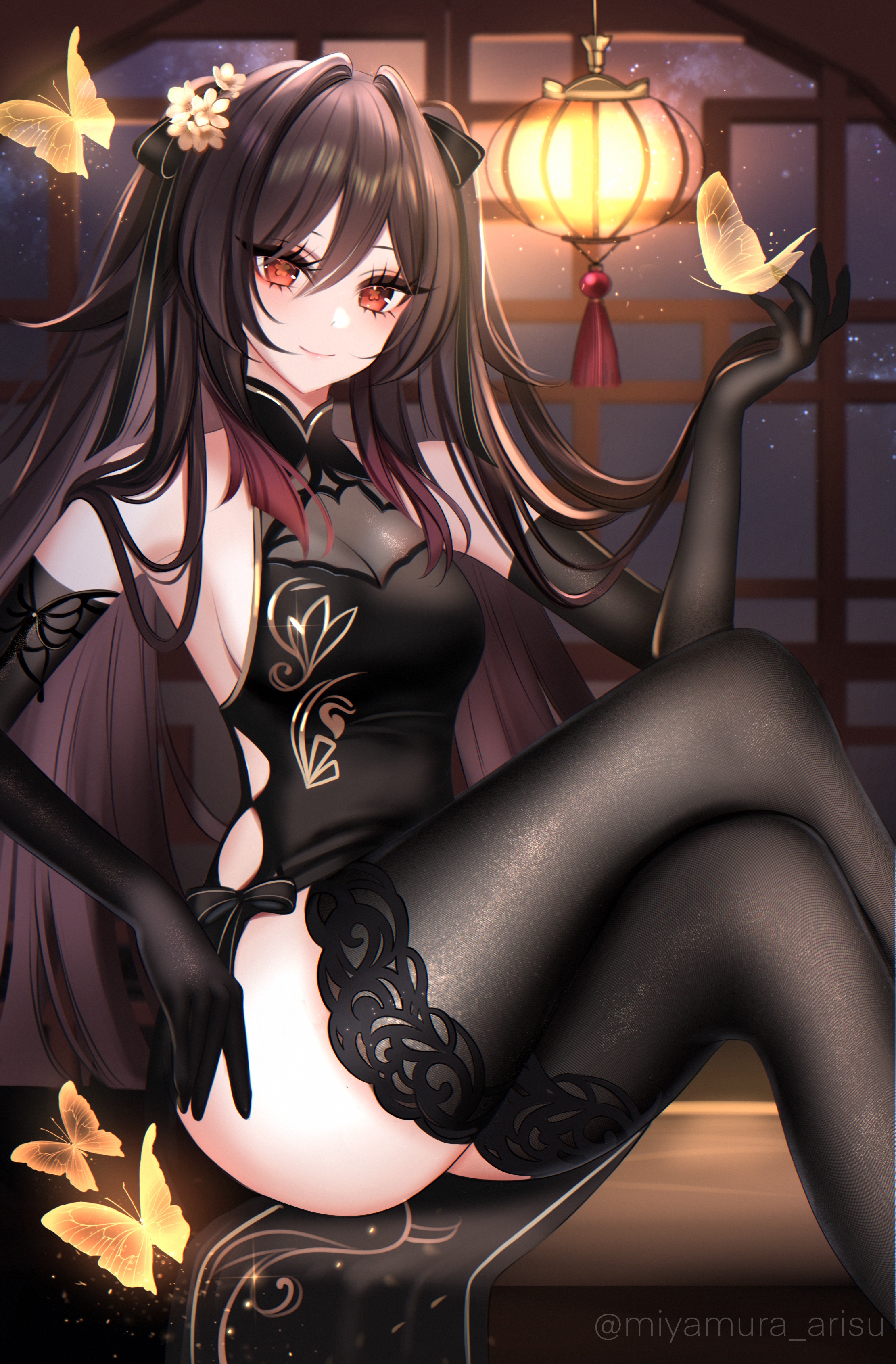 1girls, breasts, brown hair, cleavage, dress, elbow gloves, female, genshin impact, gloves, hair ornament, highres, hu tao (genshin impact), huge breasts, long hair, looking at viewer, miyamura arisu, red eyes, sitting, solo, thighhighs, thighs