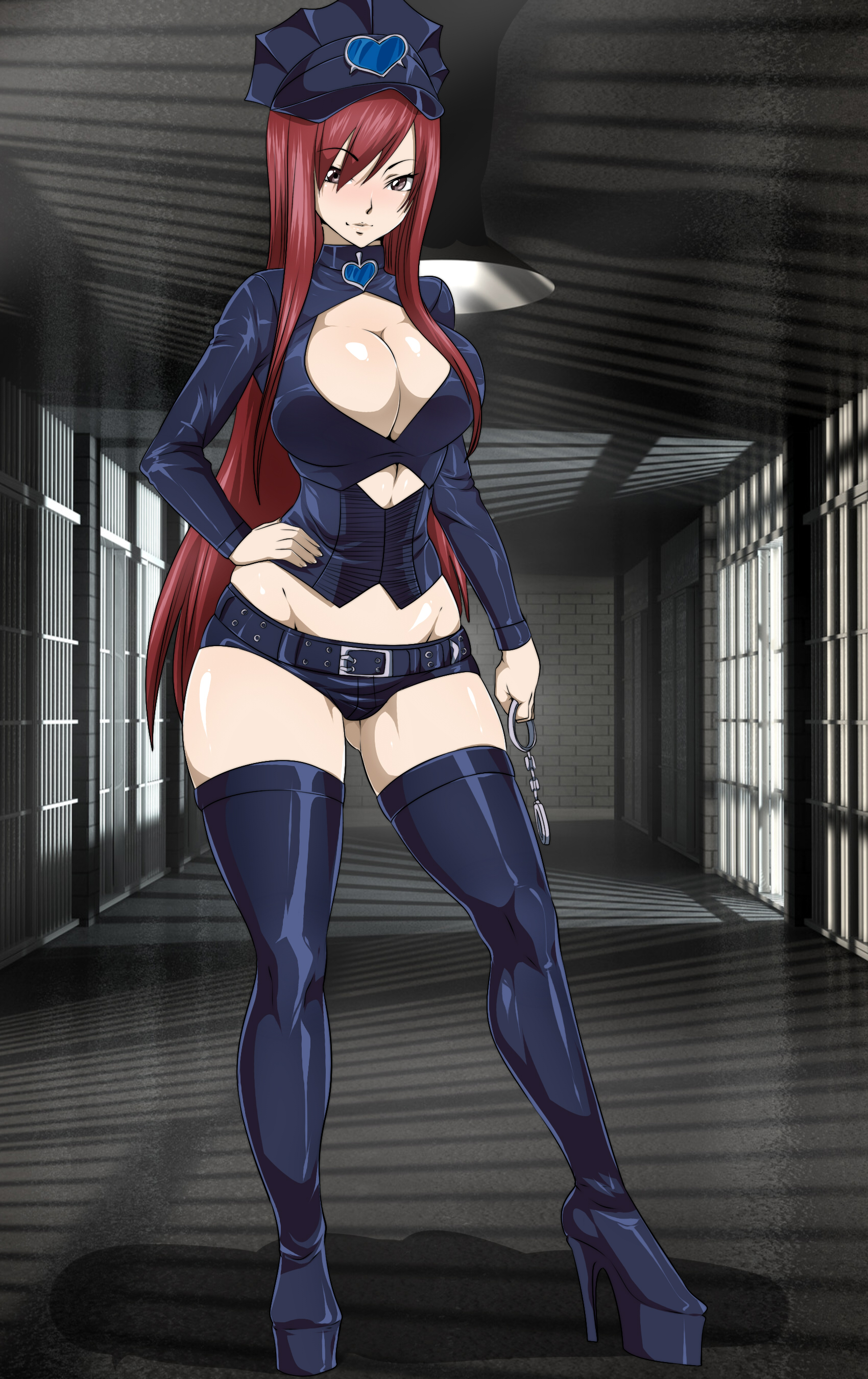 1girls, big breasts, breasts, cleavage, ed-jim, erza scarlet, fairy tail, female, high heels, looking back, platform heels, red hair, red-haired female, solo