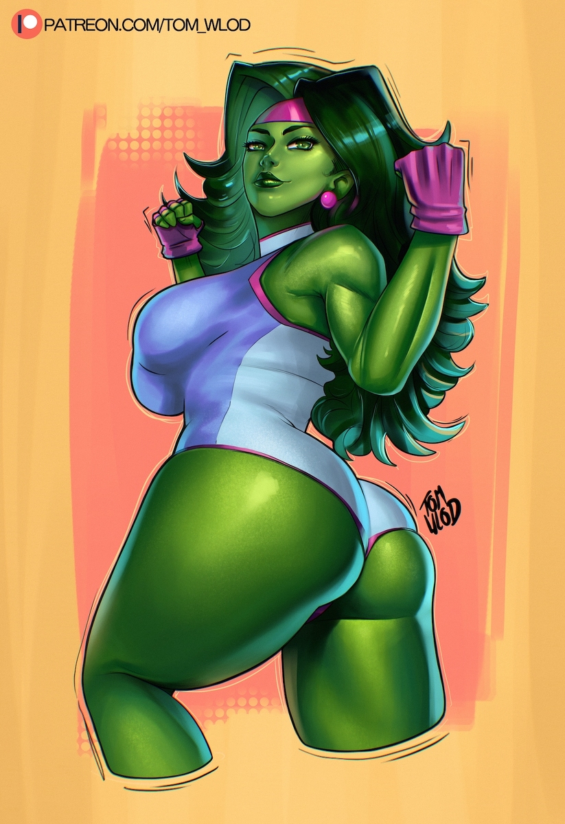 1girls artist_name ass big_ass big_breasts clothed dat_ass earring female female_only fingerless_gloves gloves green-skinned_female green_body green_eyes green_hair green_skin headband hulk_(series) leotard long_hair looking_at_viewer looking_back marvel marvel_comics muscles muscular muscular_female rear_view revealing_clothes she-hulk solo thick_thighs thighs tom_wlod