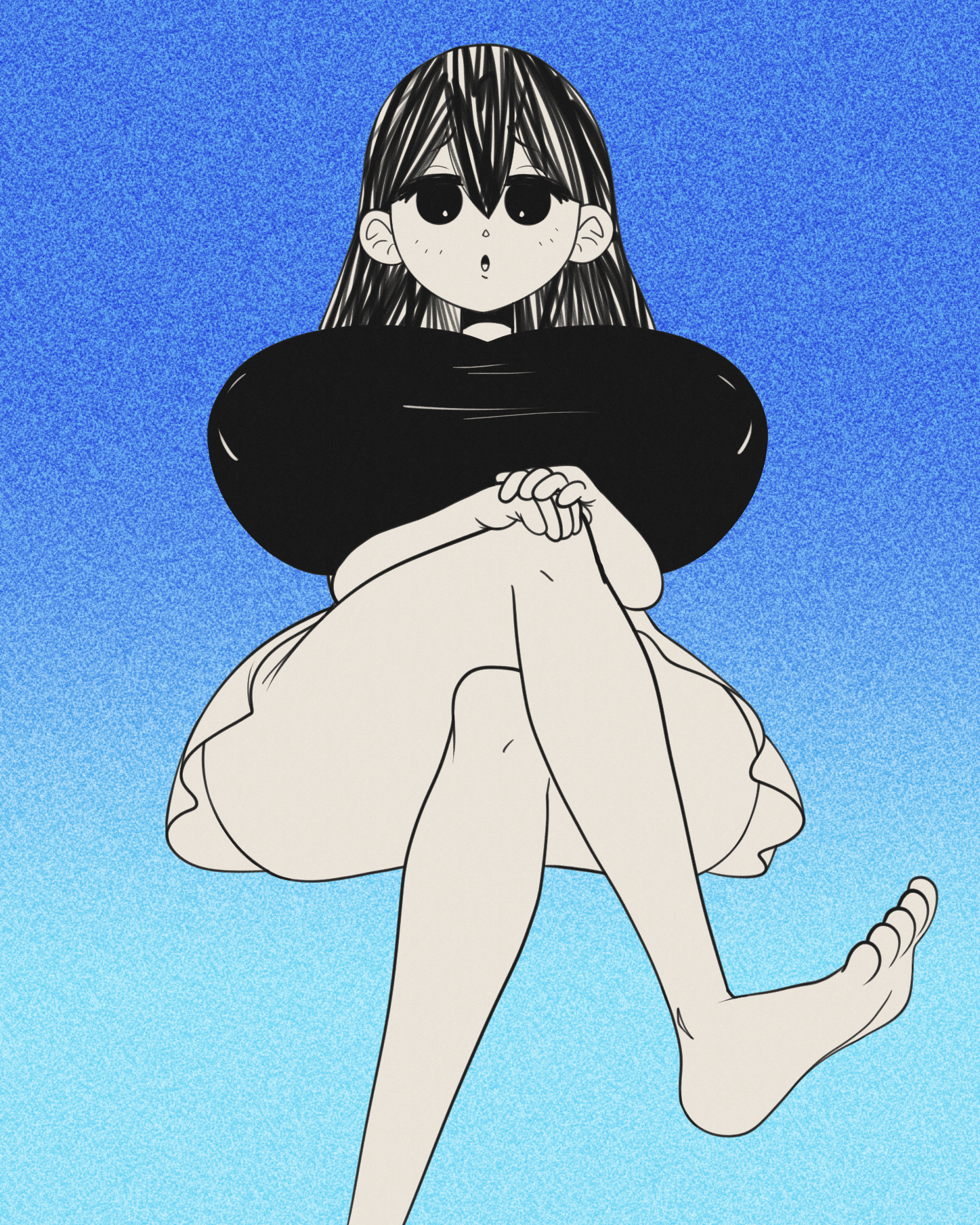 1girls, big breasts, breasts, clothing, crossed legs, curvy, female, mari (omori), mob face, nipple outline, omori, skirt