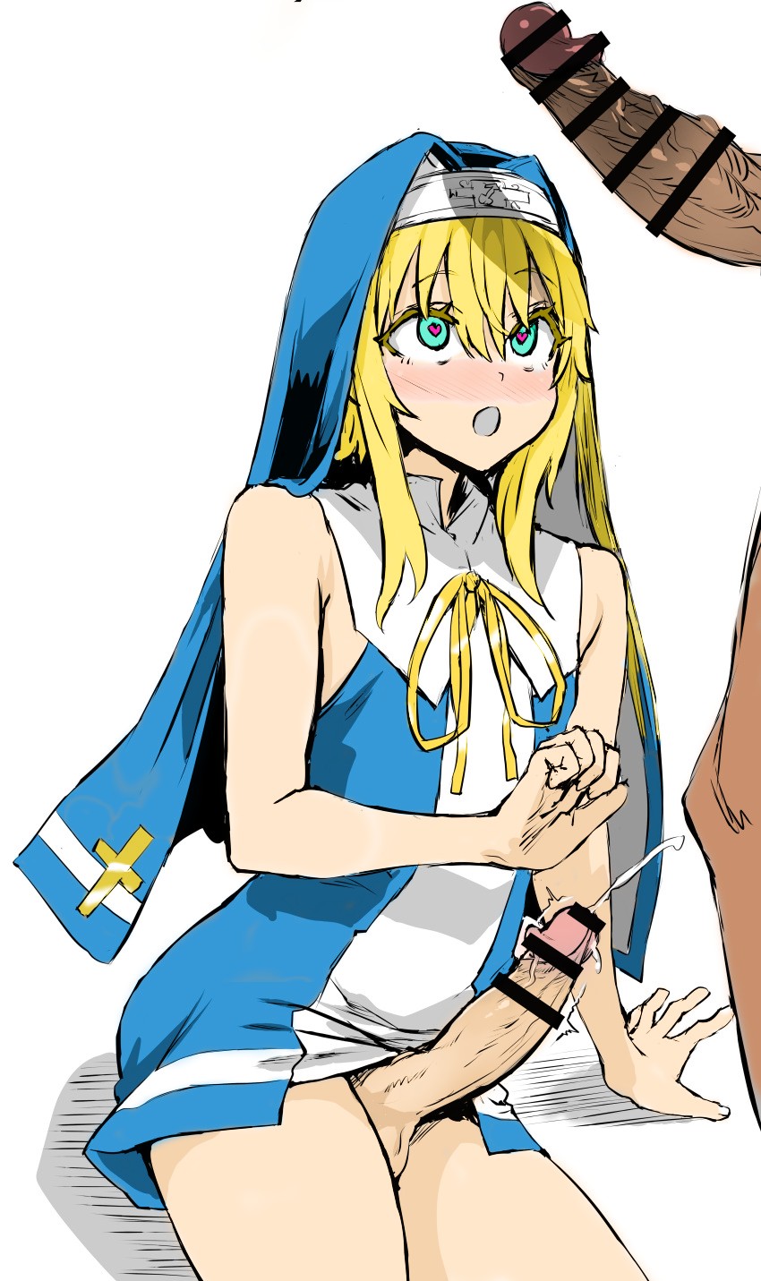 :o, 2boys, androgynous, asanagi, balls, bar censor, big penis, blonde hair, blush, bridget, censored, cock, cum, cumming, ejaculation, erection, femboy, green eyes, guilty gear, hair, heart-shaped pupils, male, male nun, male only, nun, nun's habit, open mouth, orgasm, outfit, penis, penis awe, penis out, penis size difference, pre-transition, shock, simple background, stimulation, surprised, symbol-shaped pupils, testicles, throbbing, veiny penis, white background, yaoi