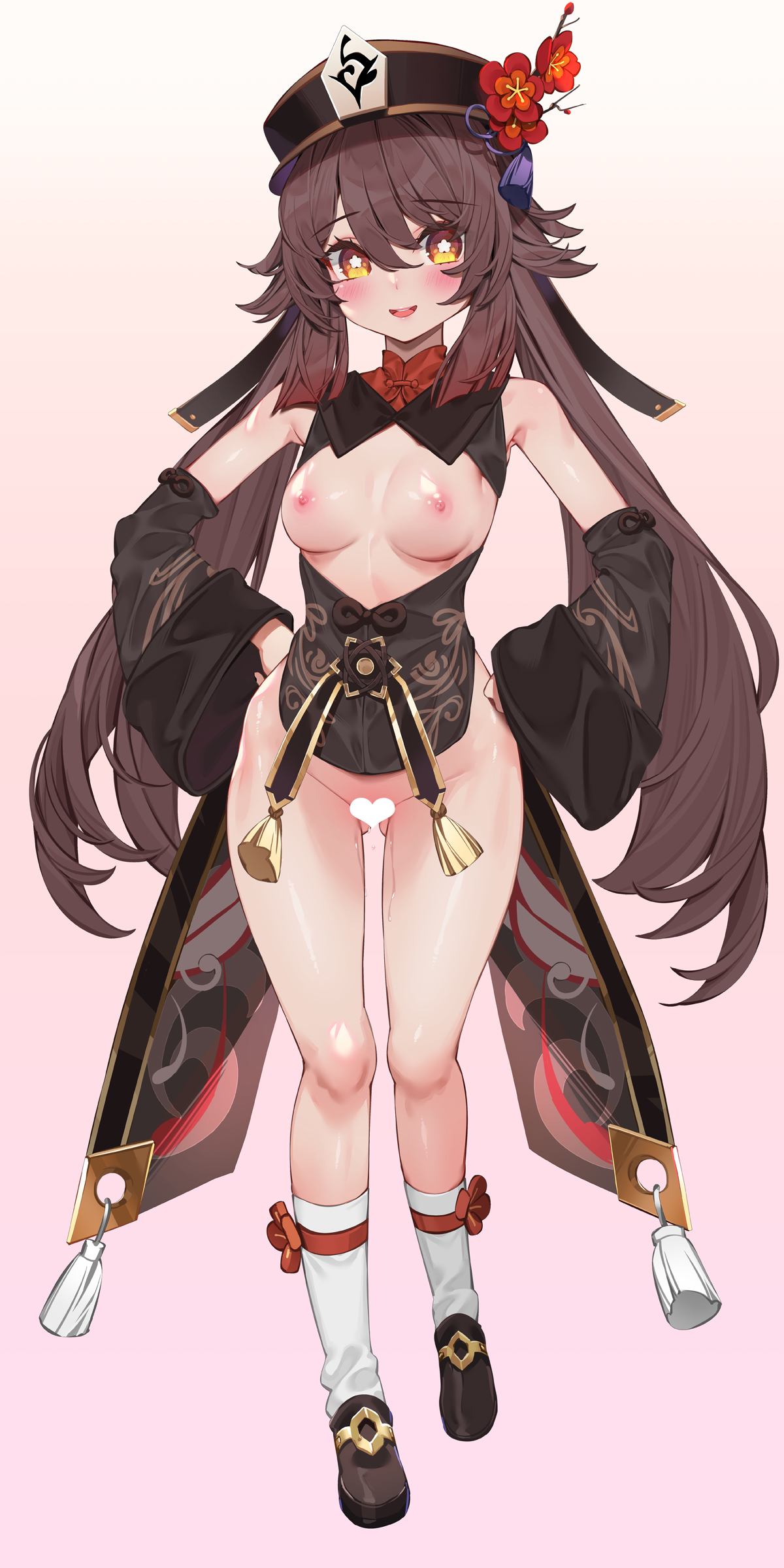 :d, absurdres, bangs, black headwear, blush, breasts, brown hair, censored, detached collar, detached sleeves, female, flower, flower-shaped pupils, genshin impact, gluteal fold, hair between eyes, has uncensored version, hat, hat flower, heart, heart censor, highres, hu tao (genshin impact), jewelry, long hair, long sleeves, looking at viewer, medium breasts, nipples, open mouth, pussy, pussy juice, red eyes, shoes, smile, socks, solo, symbol-shaped pupils, tassel, thighs, twintails, waterring