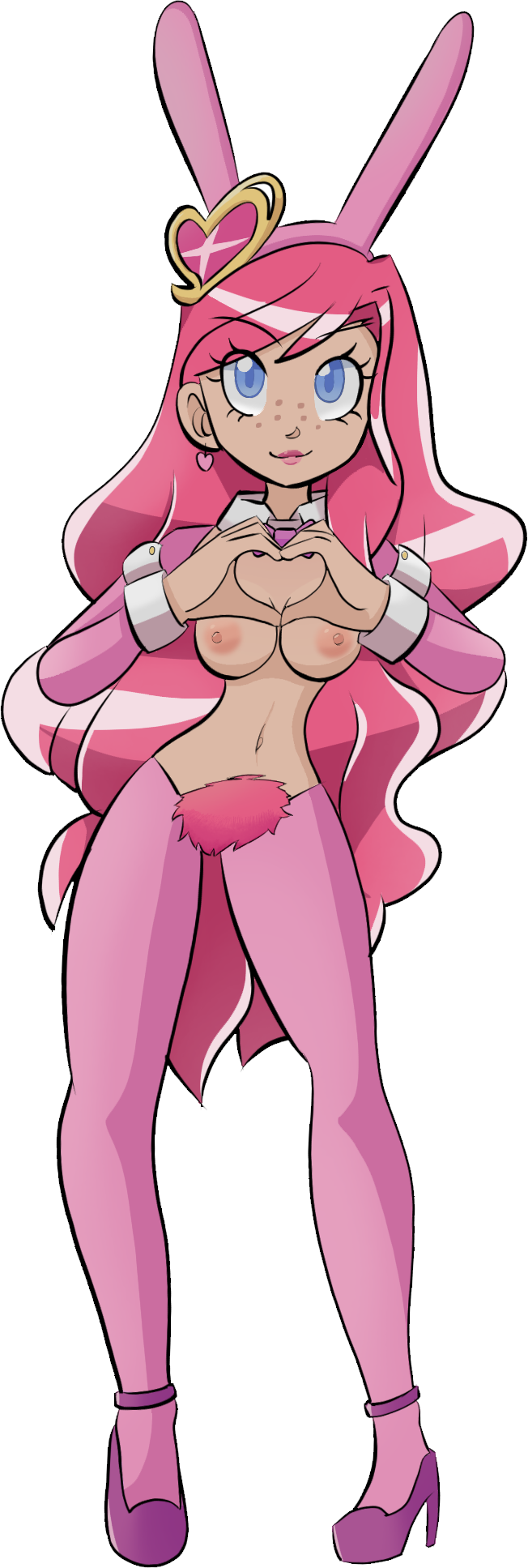 blue_eyes bunny_ears earrings fake_animal_ears female freckles heart_gesture iris_(lolirock) lolirock long_hair pink_hair siphoncy smile solo transparent_background very_long_hair