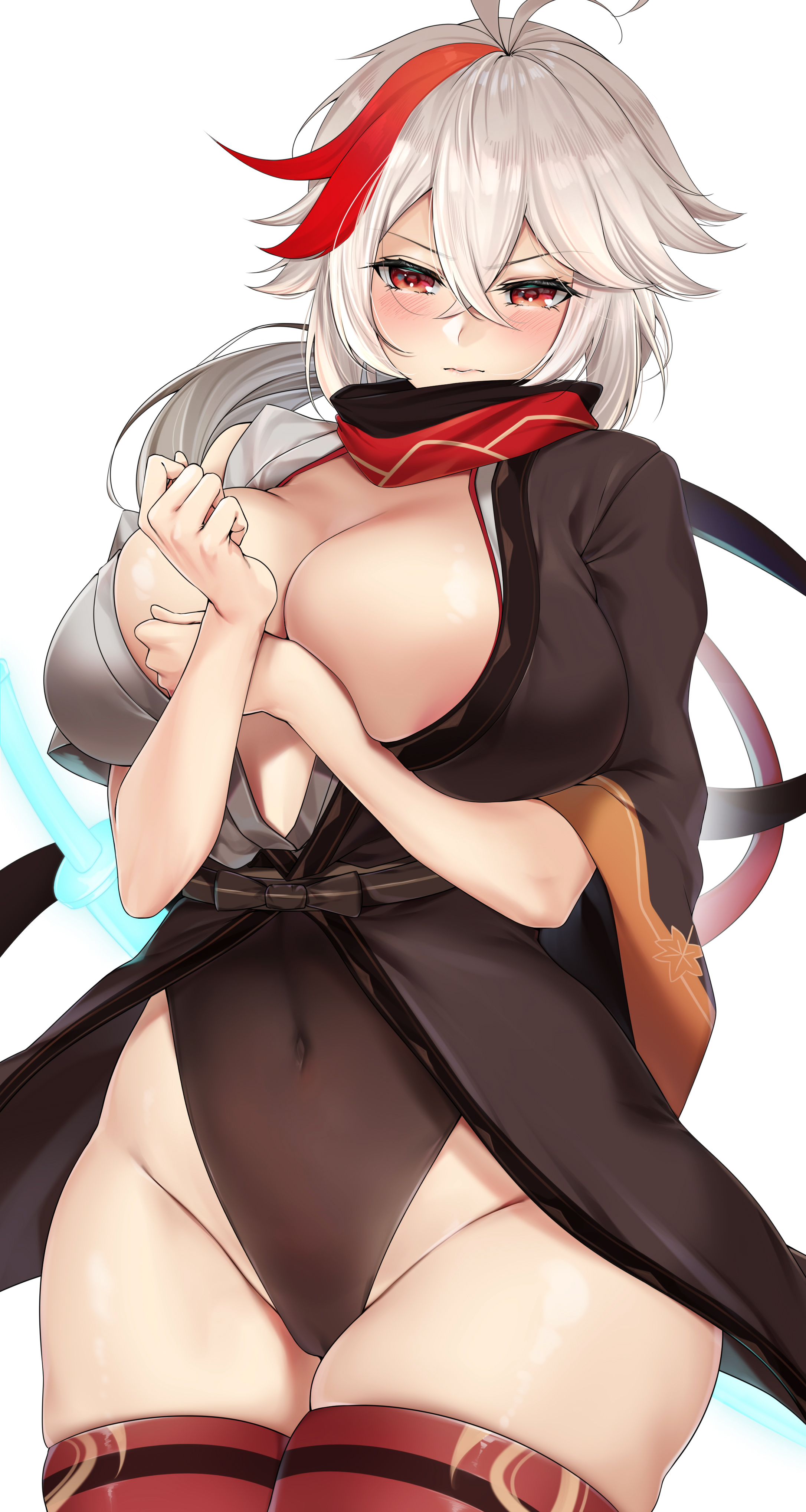 1girls, absurdres, areola slip, ass, belly, belly button, big breasts, big thighs, blush, braless, breasts, breasts bigger than head, cleavage, closed mouth, covering, covering breasts, cowboy shot, fat ass, female, genderswap, genderswap (mtf), genshin impact, half-closed eyes, highres, kaedehara kazuha, large breasts, large thighs, looking at viewer, maskwolf, multicolored hair, no bra, red eyes, red hair, red thighhighs, rule 63, short ponytail, shy, solo, streaked hair, sword, thick thighs, thighhighs, thighs, white hair