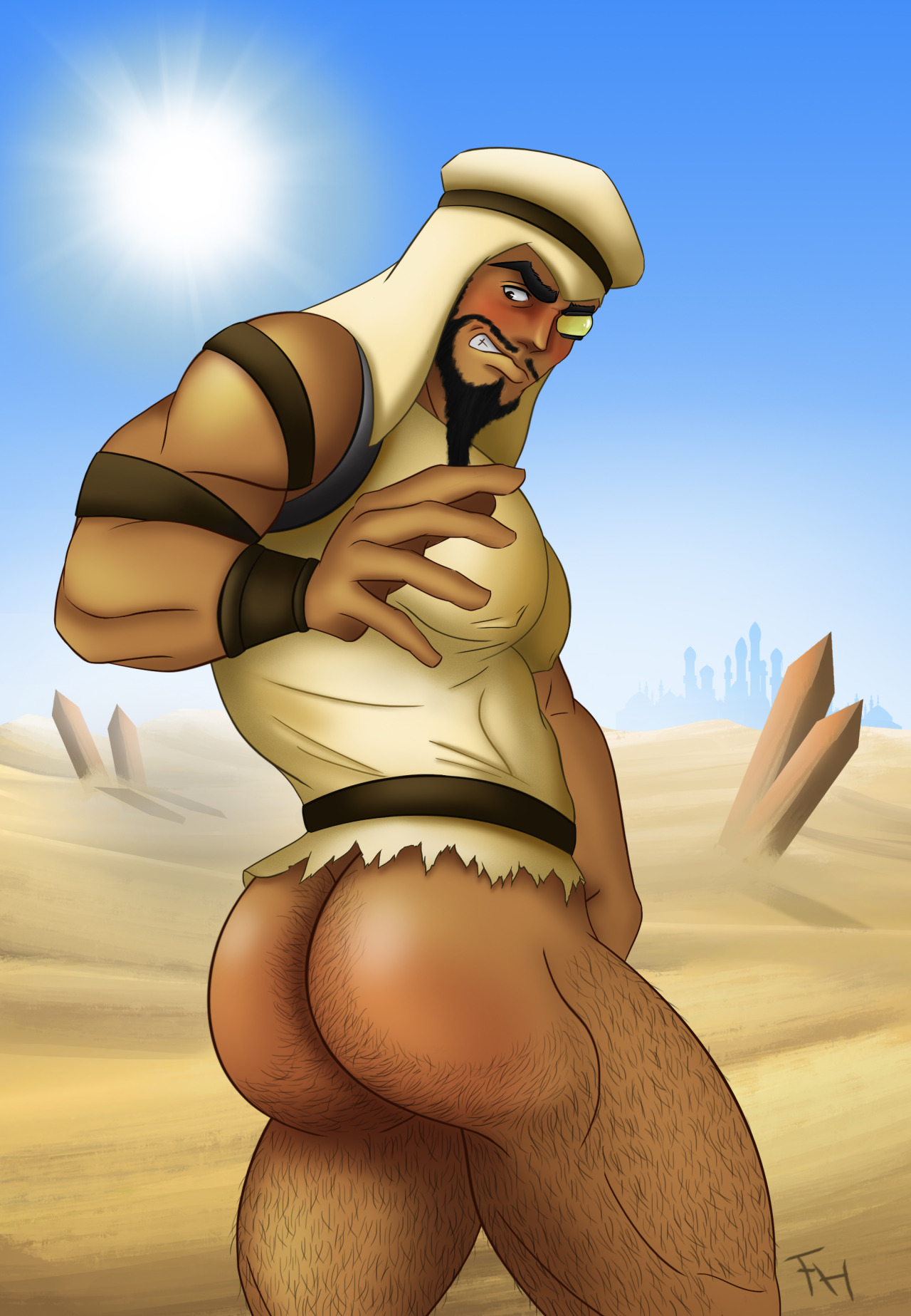 1boy, arab, arab male, arabian, arabian clothes, ass, back view, bara, beard, beefy, biceps, big ass, big butt, big pecs, blush, blushing, body hair, bottomless, breasts, bubble ass, bubble butt, capcom, desert, facial hair, gay, goatee, hairy, hairy ass, hairy male, hairy thighs, hfguy, huge ass, huge butt, human, human only, looking back, male, male focus, male only, male with breasts, middle eastern, middle eastern male, moobs, muscles, muscular, muscular chest, muscular male, nipple bulge, outdoors, outside, pantsless, pecs, pectoral bulge, pectorals, rashid, sand, solo, solo focus, solo male, standing, street fighter, sunlight, teeth, teeth clenched, teeth showing, thick ass, thick eyebrows, thick thighs, toned, toned body, toned male, topwear, yaoi