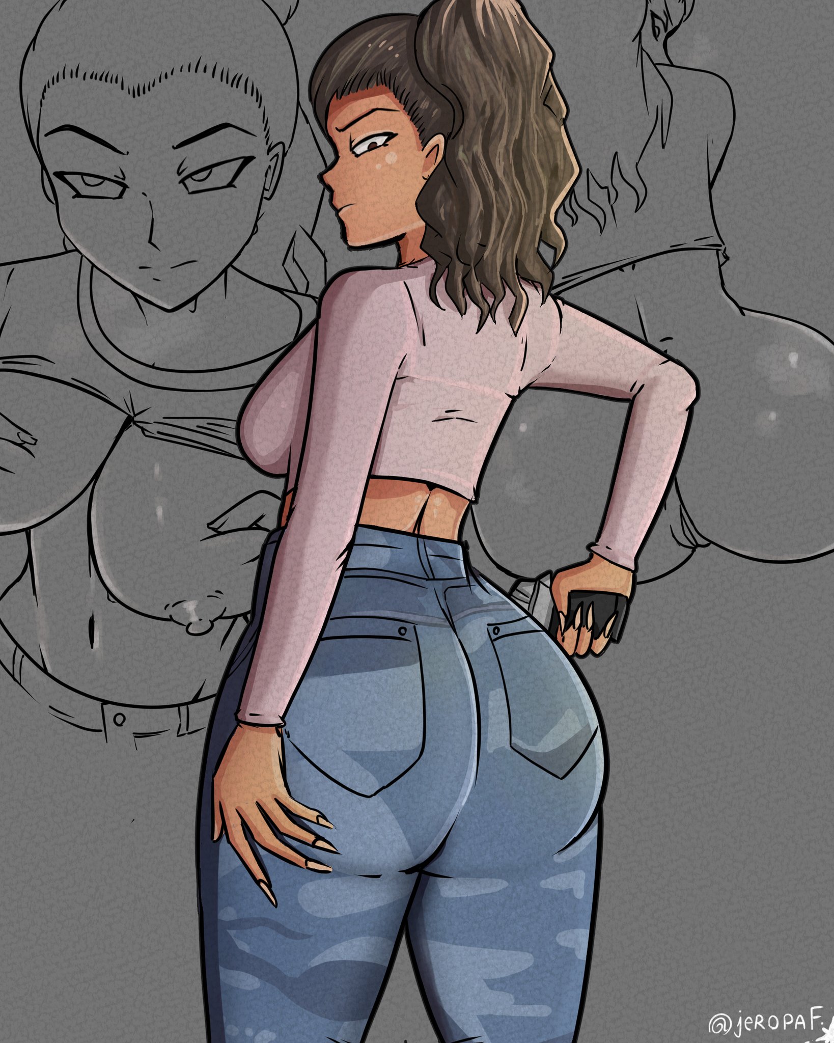 1girls, angry, ass, ass focus, big ass, breasts, brown hair, female, female only, from behind, grand theft auto, grand theft auto vi, hi res, hispanic, jeans, latina, looking at viewer, looking back, lucia caminos, monochrome, navel, nipples, pistol, ponytail, puerto rican, pussy, rockstar games, solo, tan skin, tan-skinned female