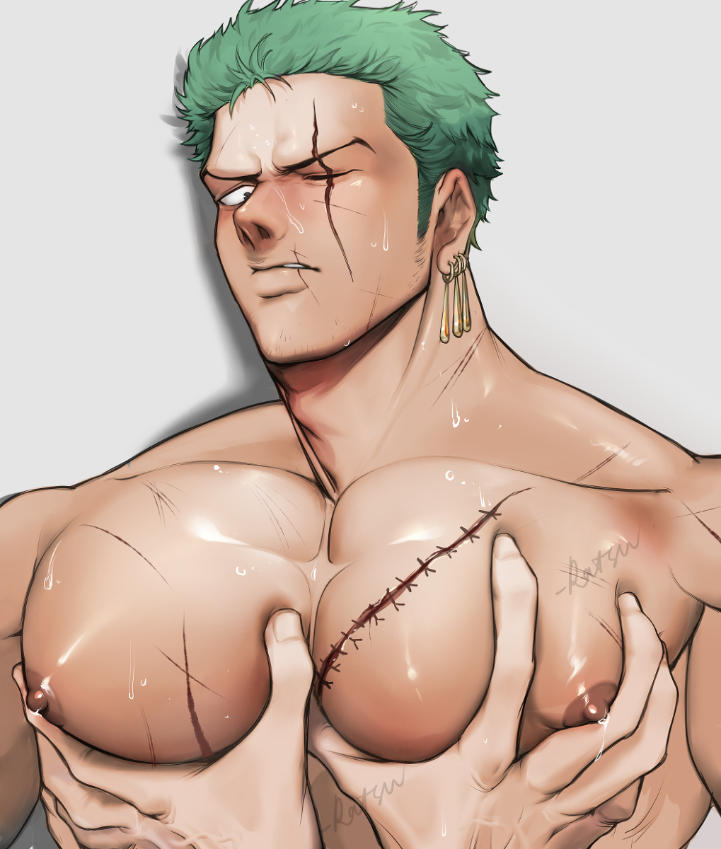 2022 absurd_res artist_signature big_nipples blush earrings green_hair groping lactation looking_down male male_focus male_lactation male_only man_boobs muscular nipple_play nipples one_eye_closed one_piece pec_grab pec_grasp pec_squeeze pectoral_grab pov ratsu roronoa_zoro scar short_hair stitches sweat teeth very_short_hair white_background