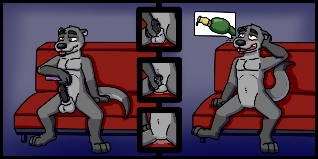 1boy anthro balls ballsack black_penis completely_naked completely_nude featureless_chest furry gray_balls gray_body gray_fur grey_balls grey_body grey_fur looking_down looking_up male multicolored_body no_nipples null nullification otter penis pleasure_face samweasel sitting sitting_on_sofa solo solo_male spray_can spraying testicles