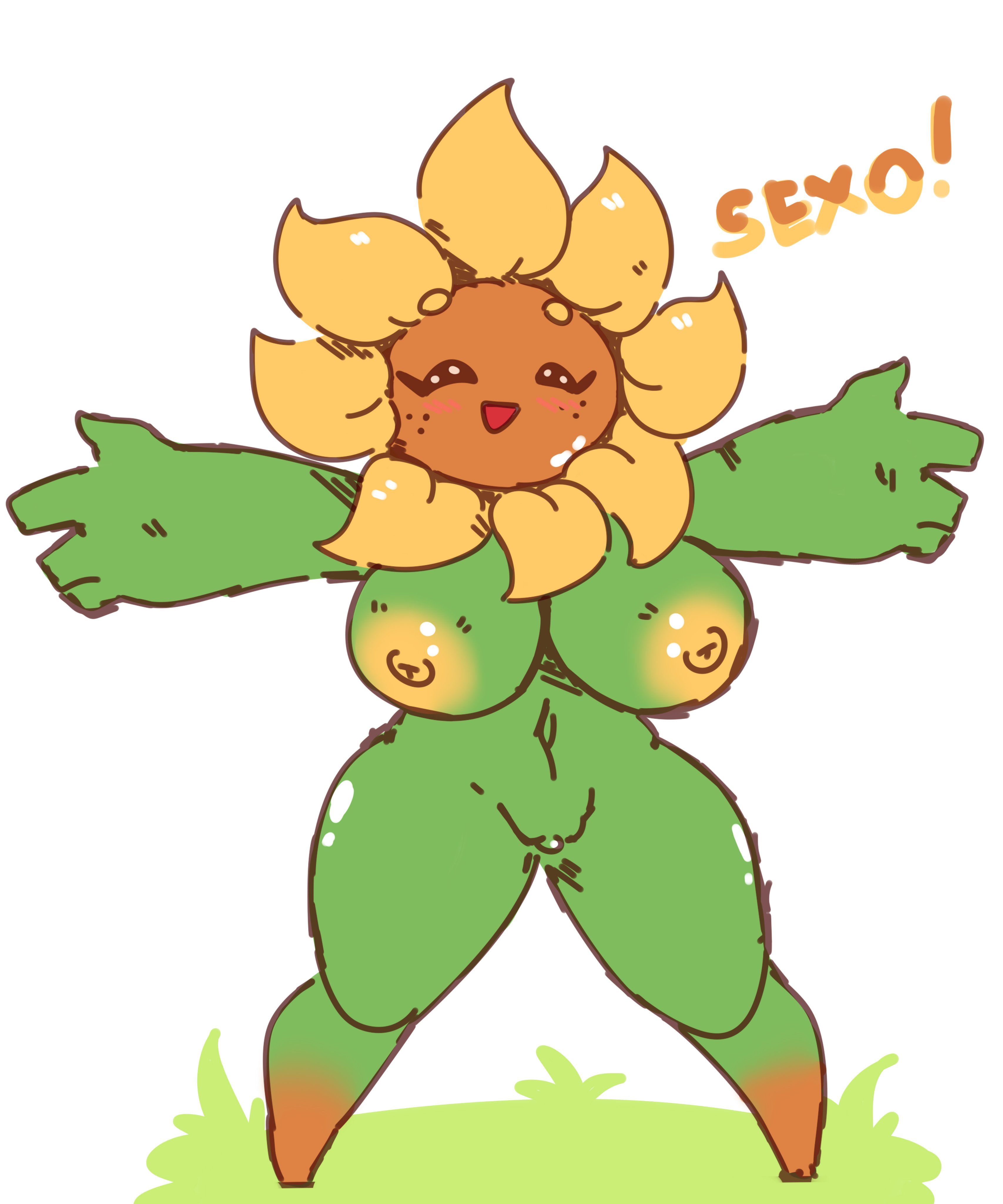 !, 1girls, 4 fingers, adorable, anonymous artist, anthro, anthro only, anthrofied, big breasts, boobs, boots, breasts, completely nude, cute, female, female only, full body, hips, huge breasts, humanoid, large breasts, naked, nude, nude female, nudity, plant, plant girl, plantie, plants vs zombies, pussy, pvz, solo, solo female, spanish text, sunflower (pvz), text, thick, thick thighs, thighs, translated, wide hips