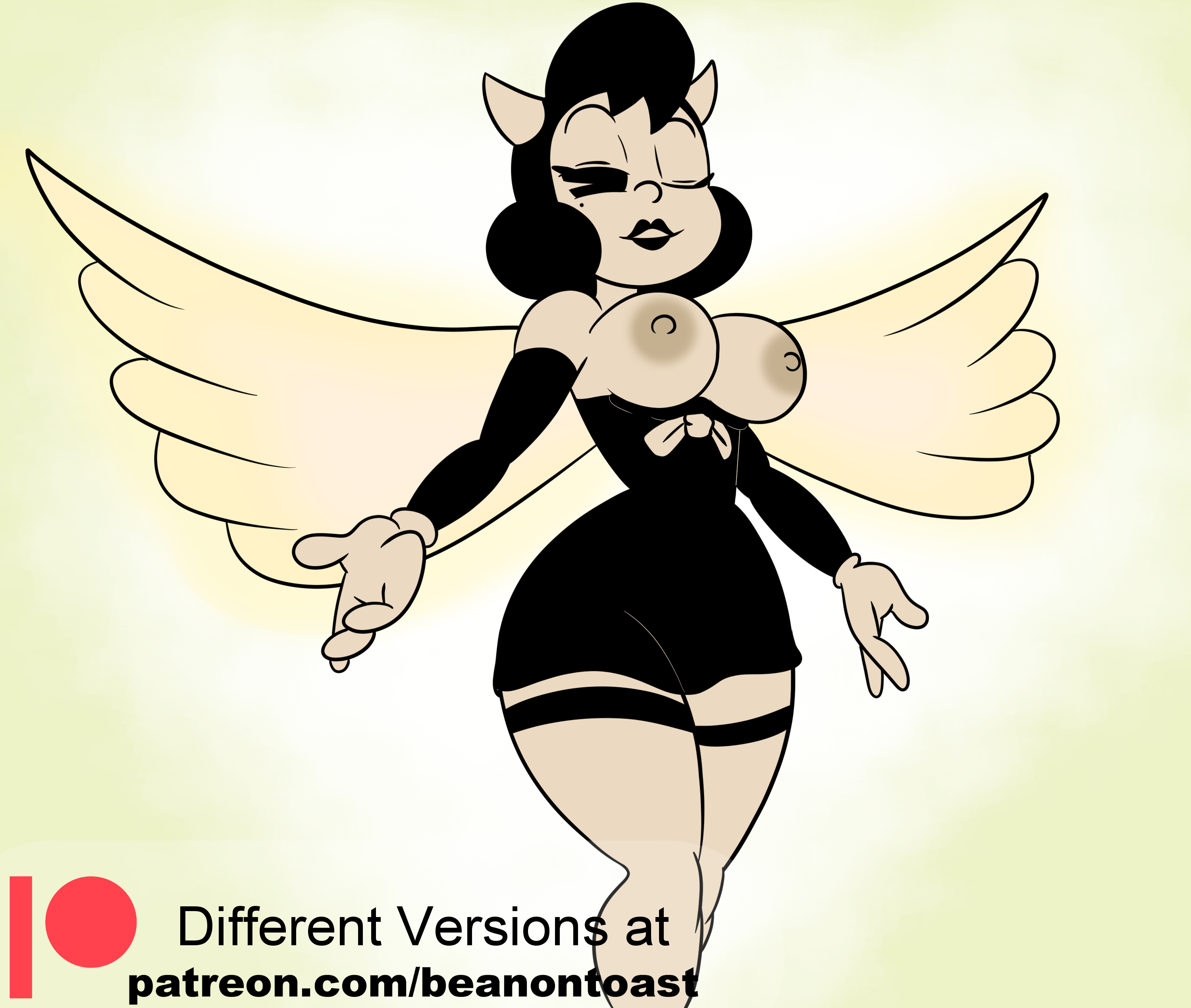 alice angel, angel, angel wings, arms out, beanontoast, bendy and the ink machine, big breasts, bowtie, breasts, clothed, dress, exposed, exposed breasts, female, female only, gloves, glowing, glowing wings, horns, nipples, one eye closed, one eye open, thick thighs, thigh strap
