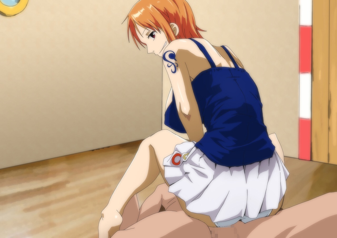 1boy, 1girls, arm tattoo, blue tattoo, censored, clothed sex, clothing, female, kyabakurabakufu, male, nami (one piece), one piece, orange hair, orange-haired female, pre-timeskip, tattoo