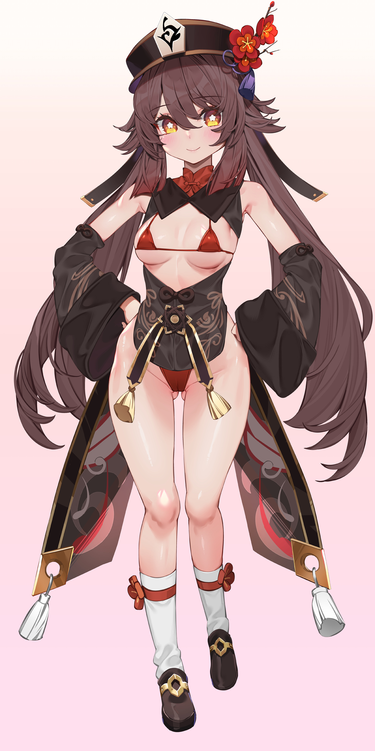absurdres, armpits, bangs, bikini, black headwear, blush, breasts, brown hair, cameltoe, detached collar, detached sleeves, female, flower, flower-shaped pupils, genshin impact, gluteal fold, hat, hat flower, highres, hu tao (genshin impact), jewelry, long hair, long sleeves, looking at viewer, medium breasts, pussy, red bikini, red eyes, shoes, smile, socks, solo, swimsuit, symbol-shaped pupils, thighs, twintails, waterring, white background