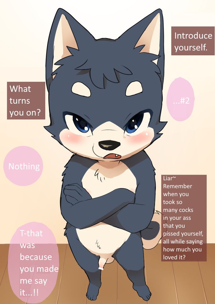 1boy, angry, anthro, anthro only, balls, blue eyes, bottomless, censored, crossed arms, cub, cute, cute fang, fur, furry, furry ears, furry only, furry tail, genitals, looking at viewer, looking up, male, male cub, male focus, male only, manmosu marimo, naked, nipples, nude, nude male, penis, penis out, small penis, solo, solo focus, solo male, speech bubble, tail, text, topless, tsundere, wolf, young