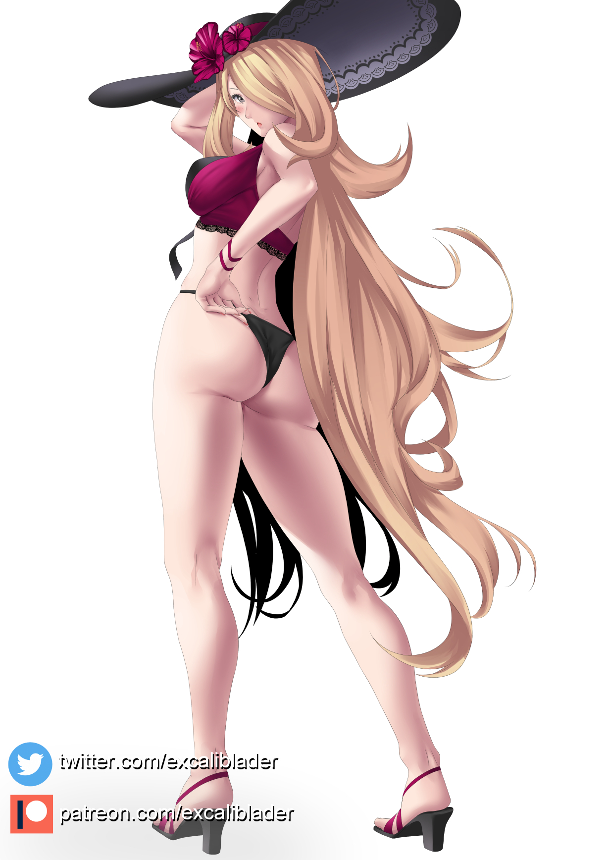 alternate costume, ass, blonde hair, breasts, cosplay, cynthia (pokemon), dorothea arnault (summer), dorothea arnault (summer) (cosplay), excaliblader, female, female only, fire emblem, fire emblem heroes, fire emblem: three houses, hair over one eye, hat, looking at viewer, nintendo, pokemon, sideboob, solo