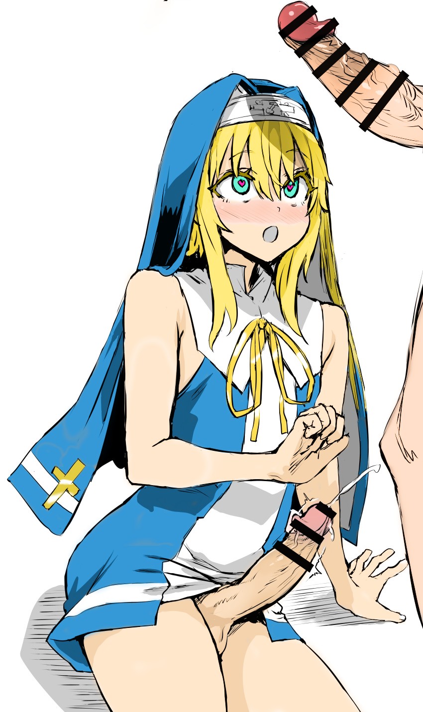 :o, 2boys, androgynous, asanagi, balls, bar censor, big penis, blonde hair, blush, bridget, censored, cock, cum, cumming, ejaculation, erection, femboy, green eyes, guilty gear, hair, heart-shaped pupils, male, male only, multiple penises, nun, nun's habit, open mouth, orgasm, outfit, penis, penis awe, penis out, penis size difference, pre-transition, shock, simple background, size, stimulation, surprised, symbol-shaped pupils, testicles, throbbing, veiny penis, white background
