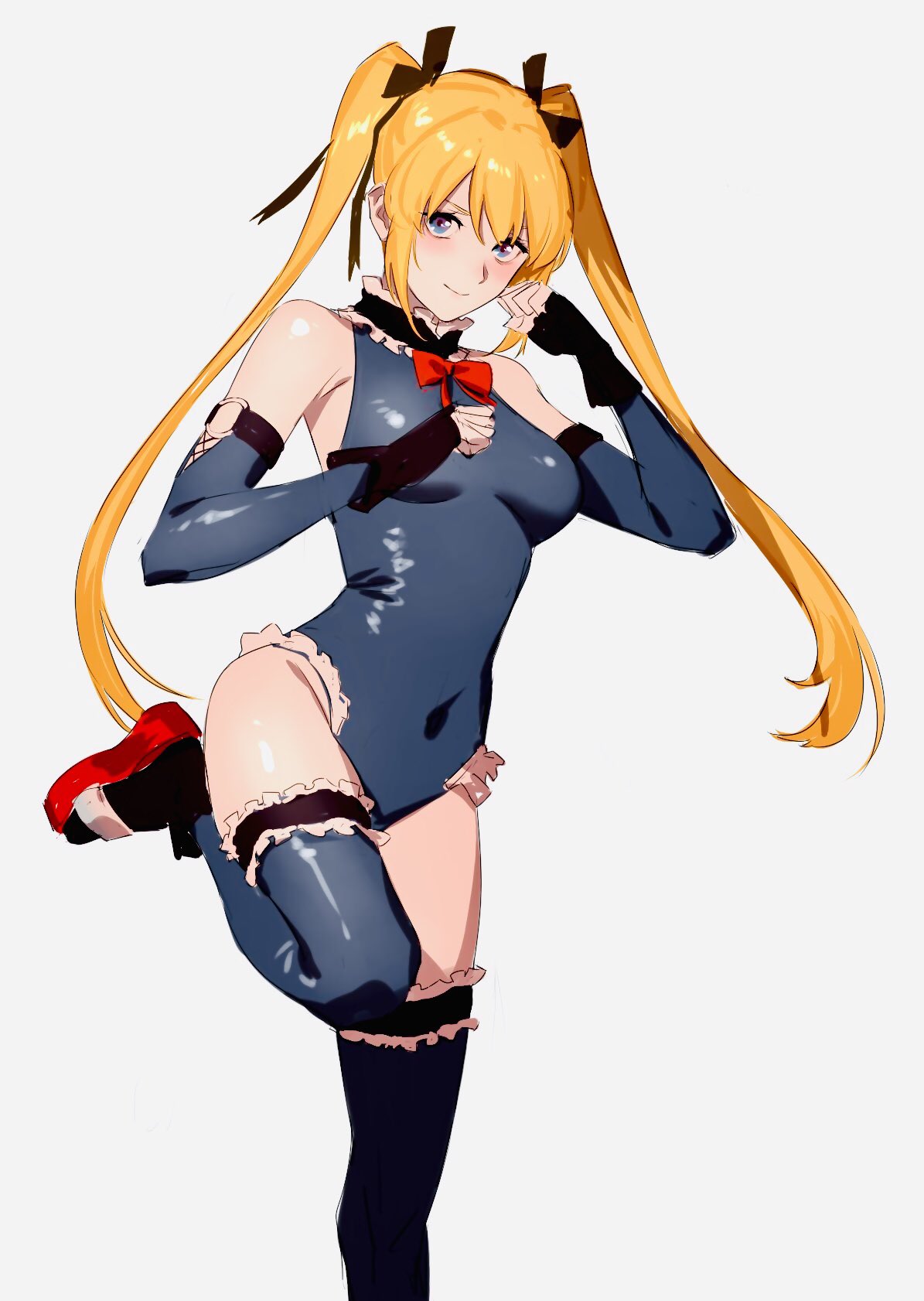 1girls, armwear, blonde female, blonde hair, blue eyes, bow, breasts, clothed, clothing, dead or alive, dead or alive 5, detached sleeves, elbow gloves, female, female only, fingerless gloves, frilled legwear, frilled leotard, frills, gloves, hair ribbon, kichiemon, leg lift, legwear, leotard, light skin, light-skinned female, long hair, looking at viewer, marie rose, marie rose (devilish servant against the splashing waves), medium breasts, petite, pose, simple background, slim waist, solo, standing, teenage female, teenager, thighhighs, twintails, white background