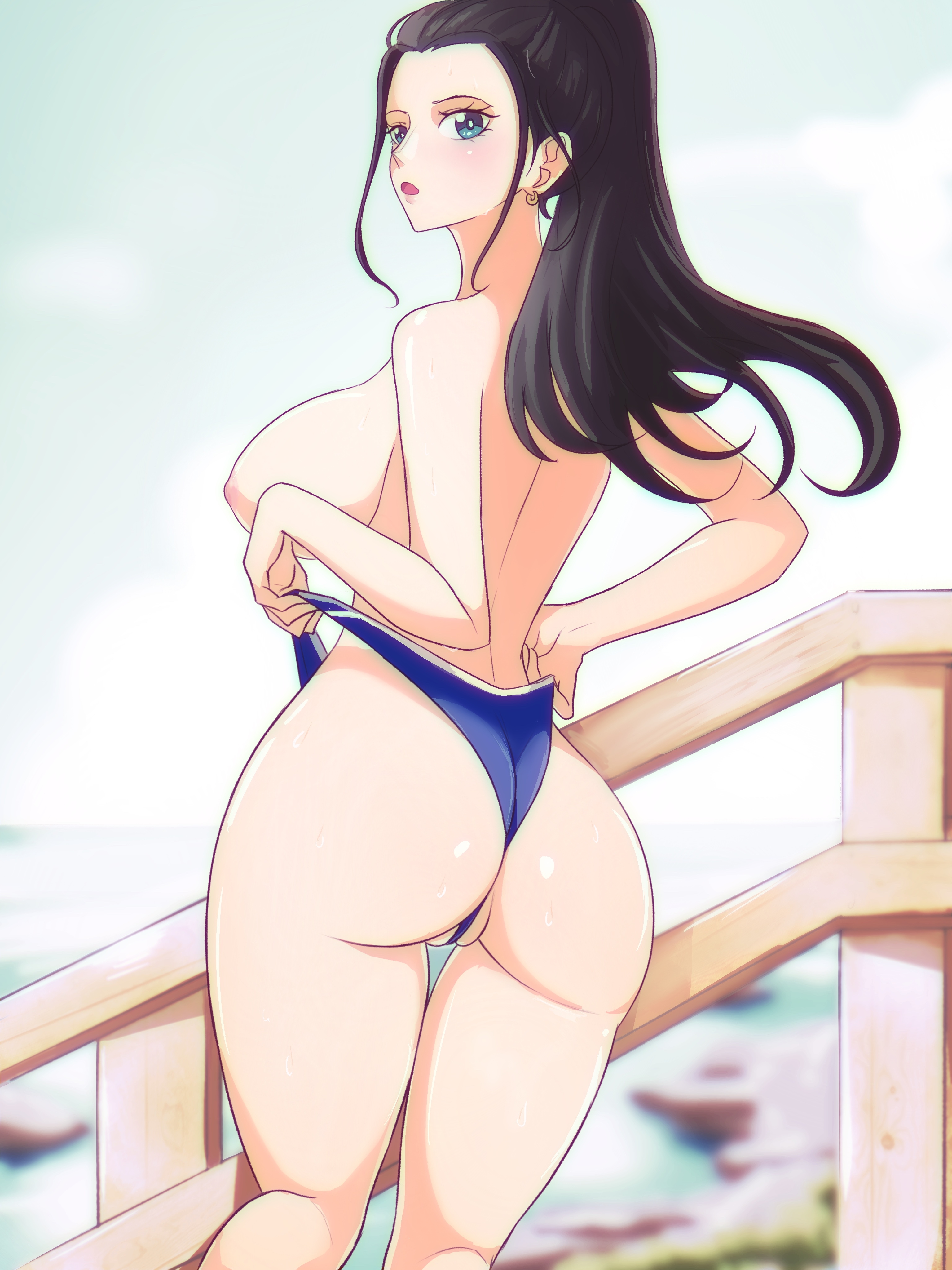 1girls, big breasts, black hair, black-haired female, breasts, female, female only, long hair, nico robin, nude, nude female, nudity, one piece, opalisart, post-timeskip, pre-, solo female, underwear, wedgie