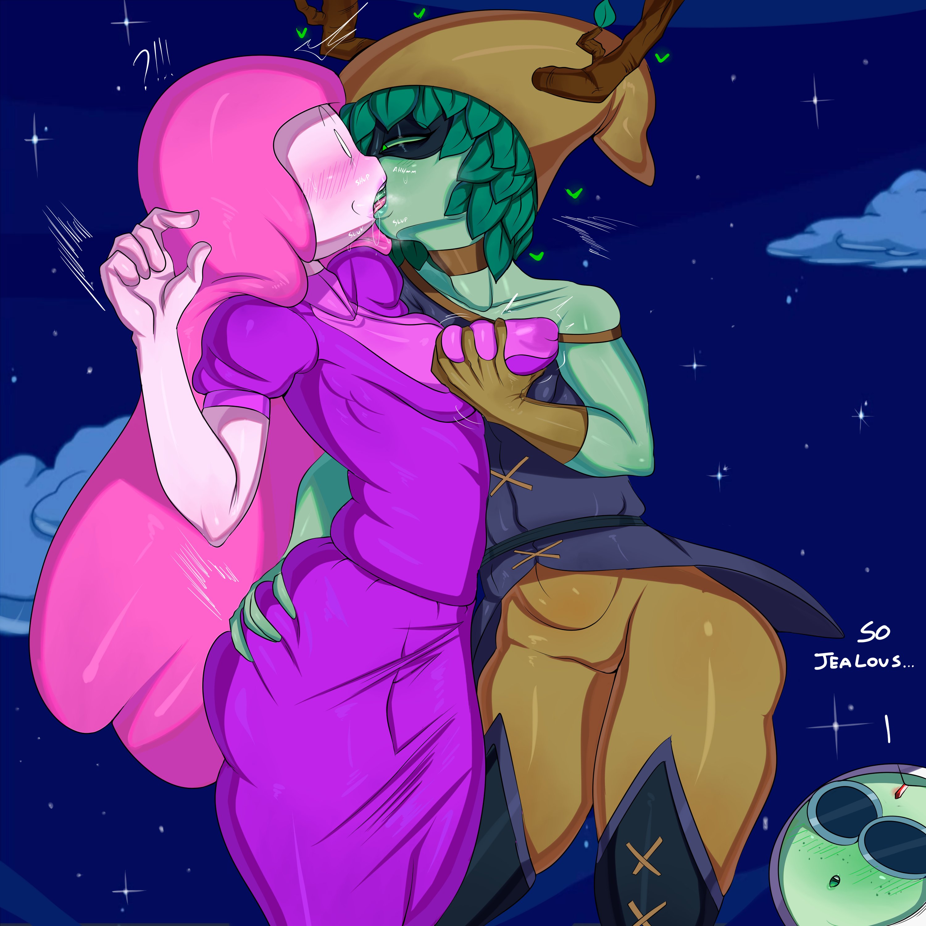 2girls, adventure time, boots, breast grab, breasts, cartoon network, female, female only, high heel boots, high heels, huntress wizard, kissing, long legs, princess bubblegum, tagme, tayuri, thigh highs, thighhigh boots, yuri