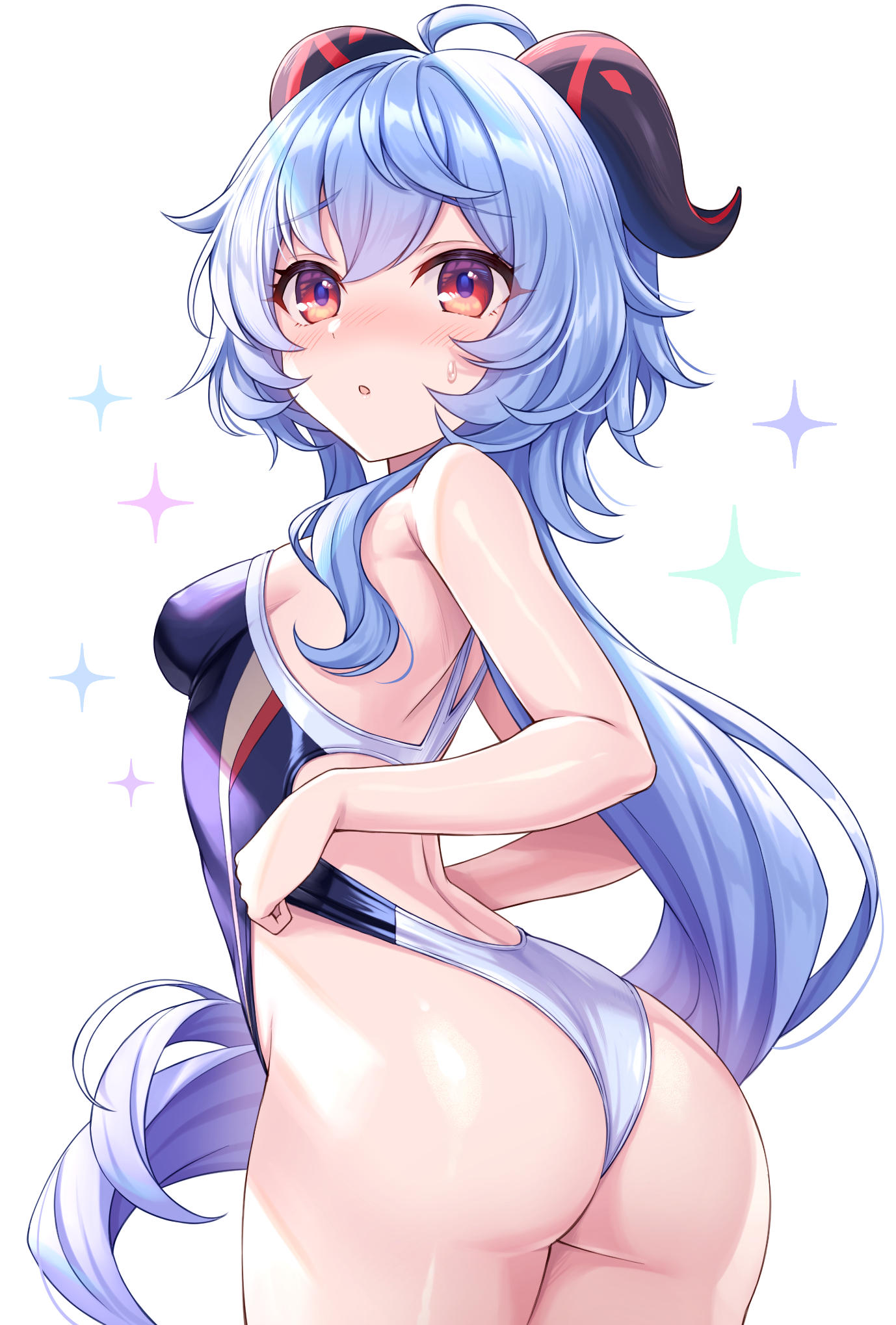 ahoge, ass, bangs, blue hair, blush, breasts, female, ganyu (genshin impact), genshin impact, highres, horns, long hair, looking at viewer, looking back, medium breasts, one-piece swimsuit, purple eyes, sidelocks, solo, swimsuit, tomo (tmtm mf mf)