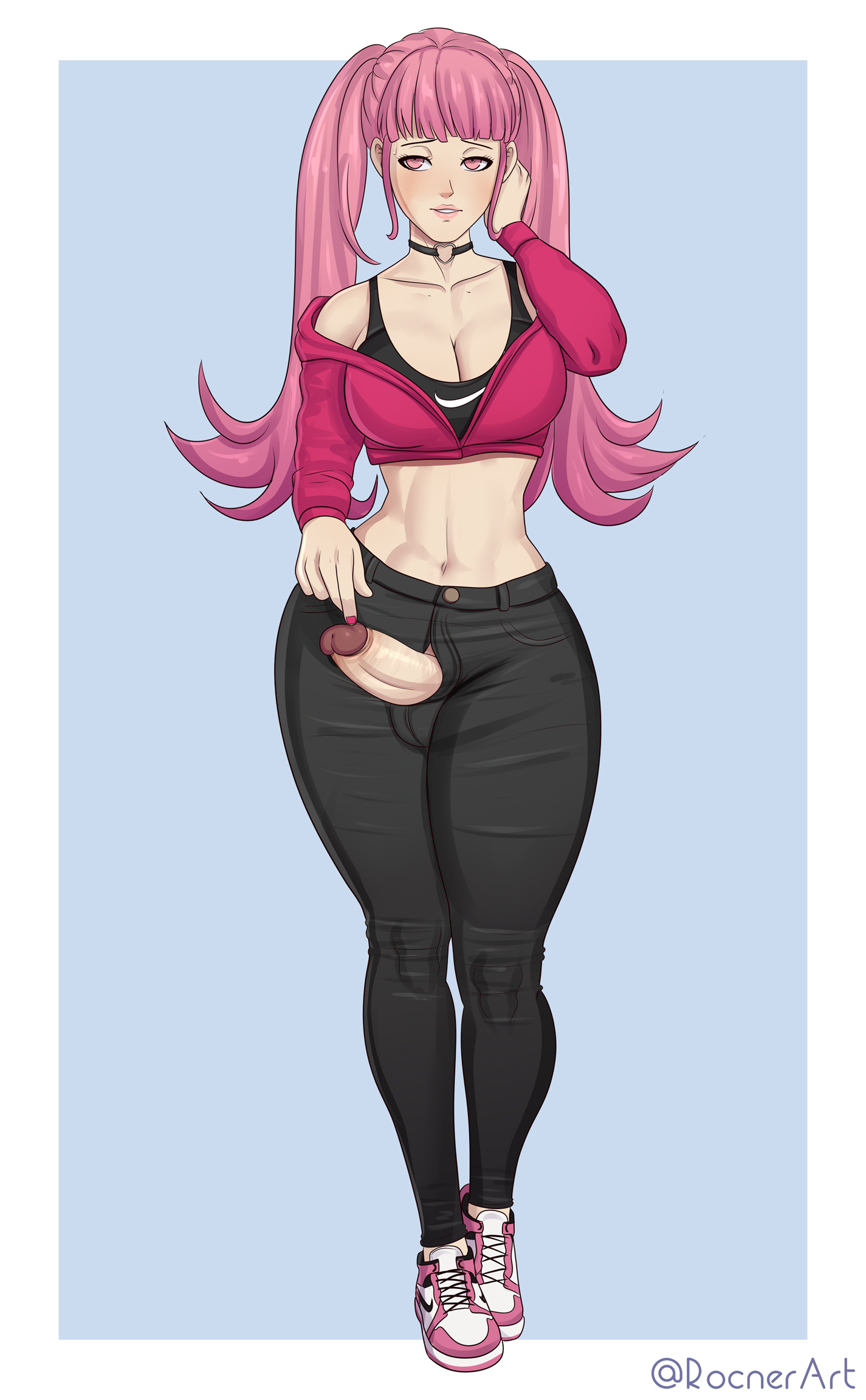 1futa, bangs, big breasts, big penis, breasts, choker, cleavage, clothed, clothing, collarbone, erection, fire emblem, fire emblem: three houses, frown, full body, futa doing nothing, futa only, futanari, hilda valentine goneril, horny, human, intersex, jacket, jeans, large breasts, light skin, light-skinned futa, long hair, midriff, mostly clothed, nail polish, nintendo, off shoulder, open fly, open pants, pants, penis, penis out, penis through fly, pink eyes, pink hair, pink nails, rocner, solo, sports bra, standing, twintails