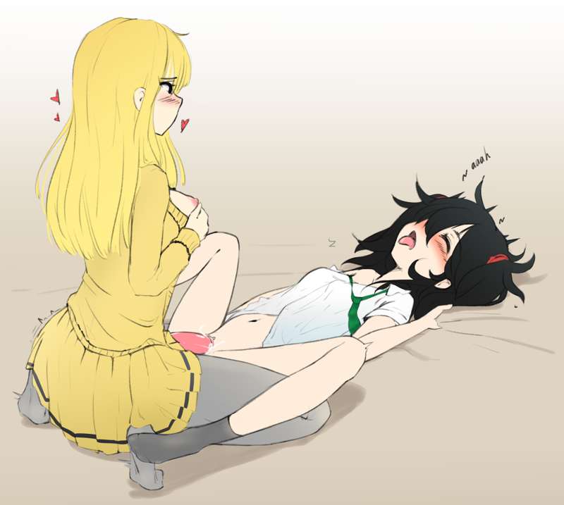 1futa, 1girls, bangs, black hair, blonde hair, bottomless, breasts, clothed, clothing, duo, erection, female, futa on female, futanari, human, ight-skinned female, intersex, light skin, light-skinned futa, long hair, mostly clothed, on back, partially clothed, penis, poduu, pussy, sex, skirt, vaginal penetration