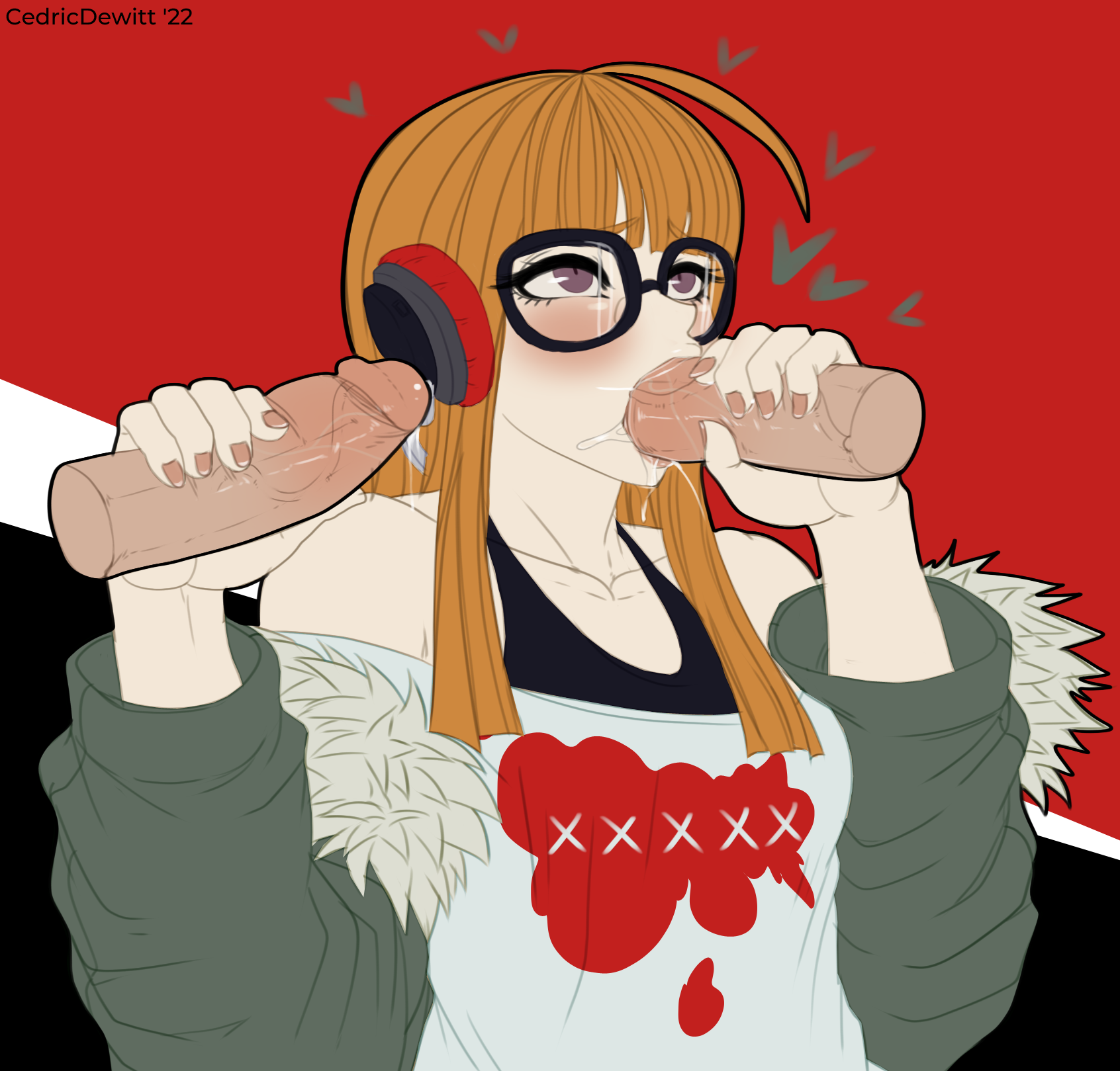 1girls, 2boys, blowjob, cedric dewitt, clothed, female, glasses, grey eyes, hair ornament, handjob, heart, holding penis, looking up, male, orange hair, penis, persona, persona 5, precum, sakura futaba, saliva, standing, unseen male face