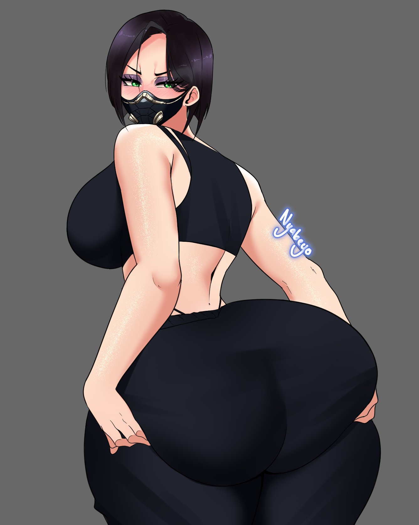 1girls, ass, big ass, big breasts, big butt, black hair, breasts, eye contact, face mask, fat ass, female, female only, fully clothed, grabbing own ass, guabeyo, huge ass, huge butt, looking at viewer, looking back, nyabeyo, short hair, solo, solo female, standing, thick thighs, valorant, viper (valorant), wide hips, yoga pants