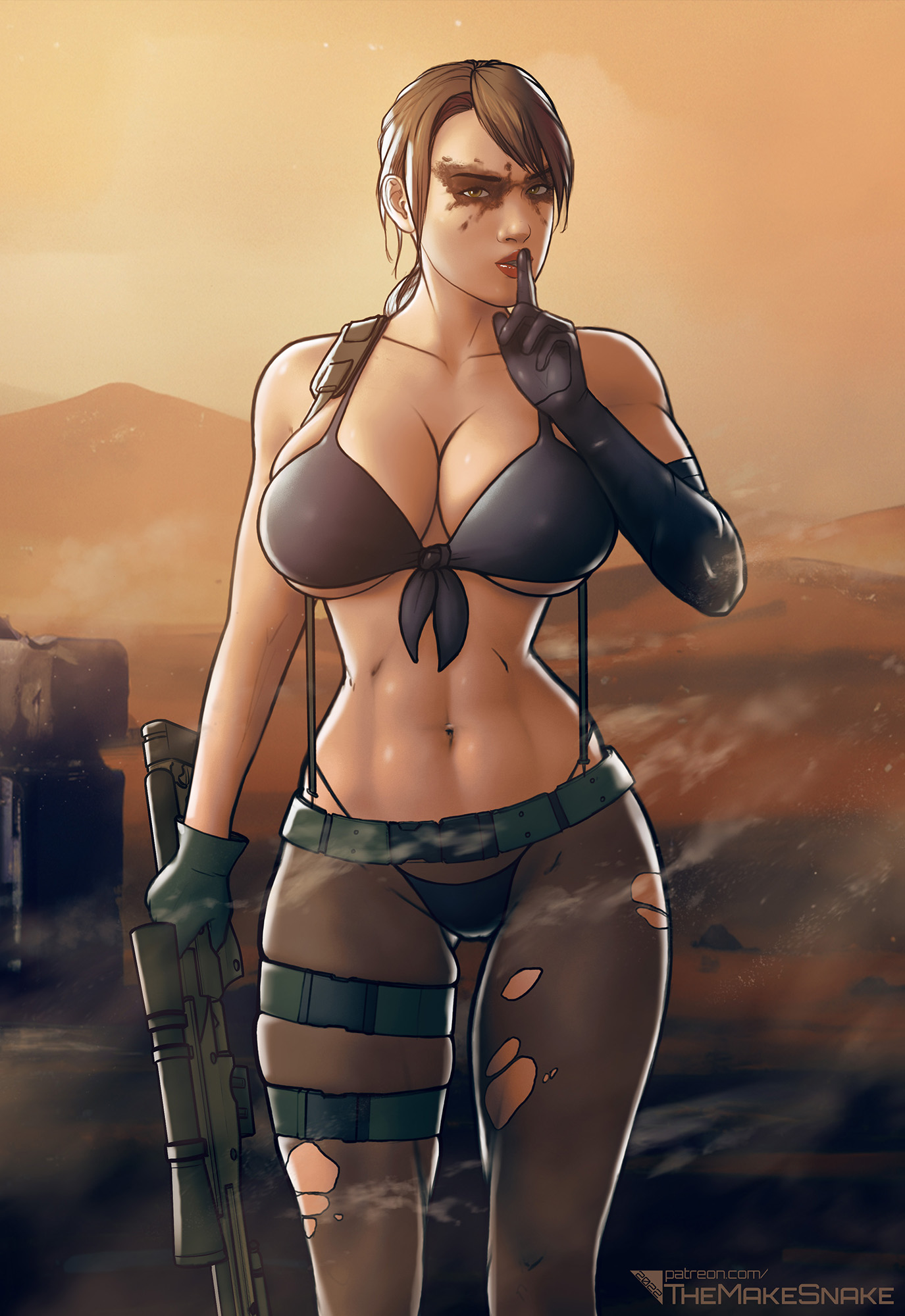 1girls, breasts, brown hair, cleavage, female, female only, gloves, gun, hourglass figure, hushing, large breasts, long gloves, looking at viewer, metal gear solid, pantyhose, quiet (metal gear), revealing clothes, skimpy clothes, sniper, sniper rifle, themakesnake, thong, yellow eyes